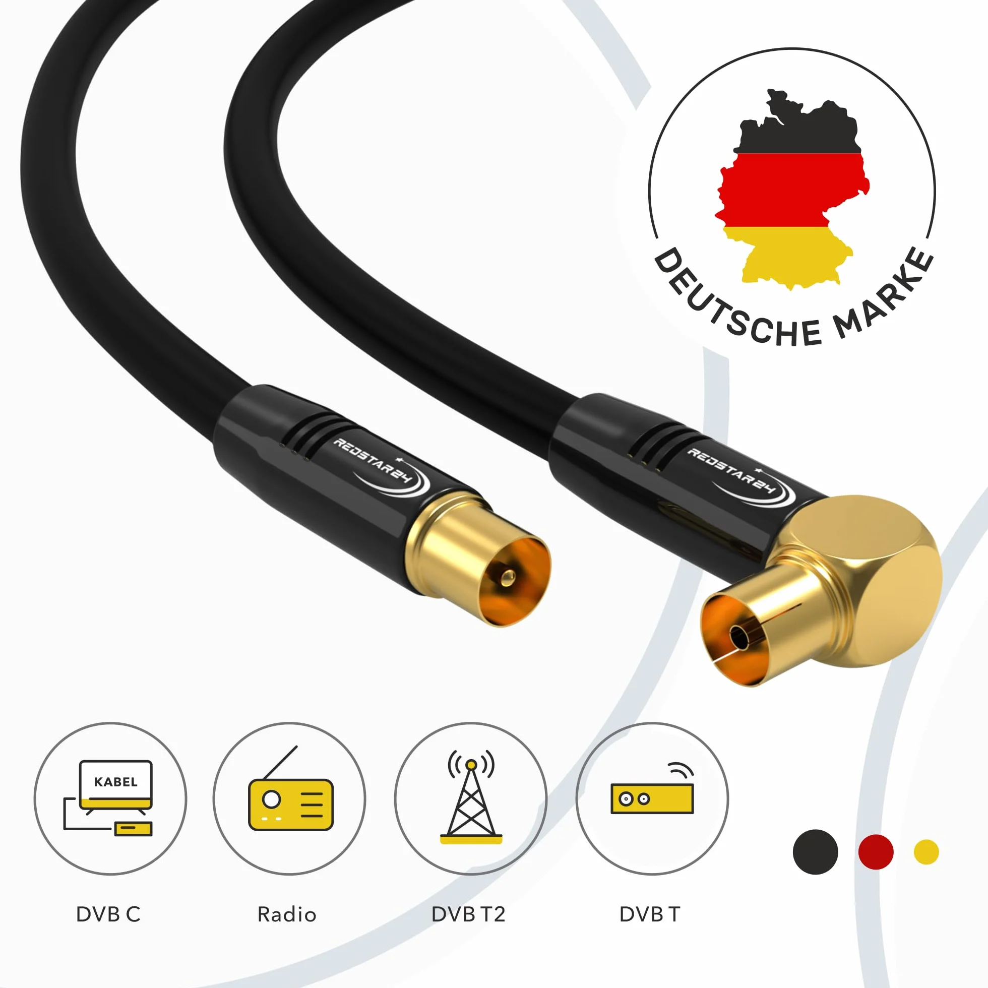 RedStar24 Câble d'Antenne 1,5m Noir - Mâle à Femelle 90° Coudé Coaxial - HDTV Premium pour Télévision par Câble | Compatible avec TV, Radio, DVB-T/T2, DVB-C, DAB