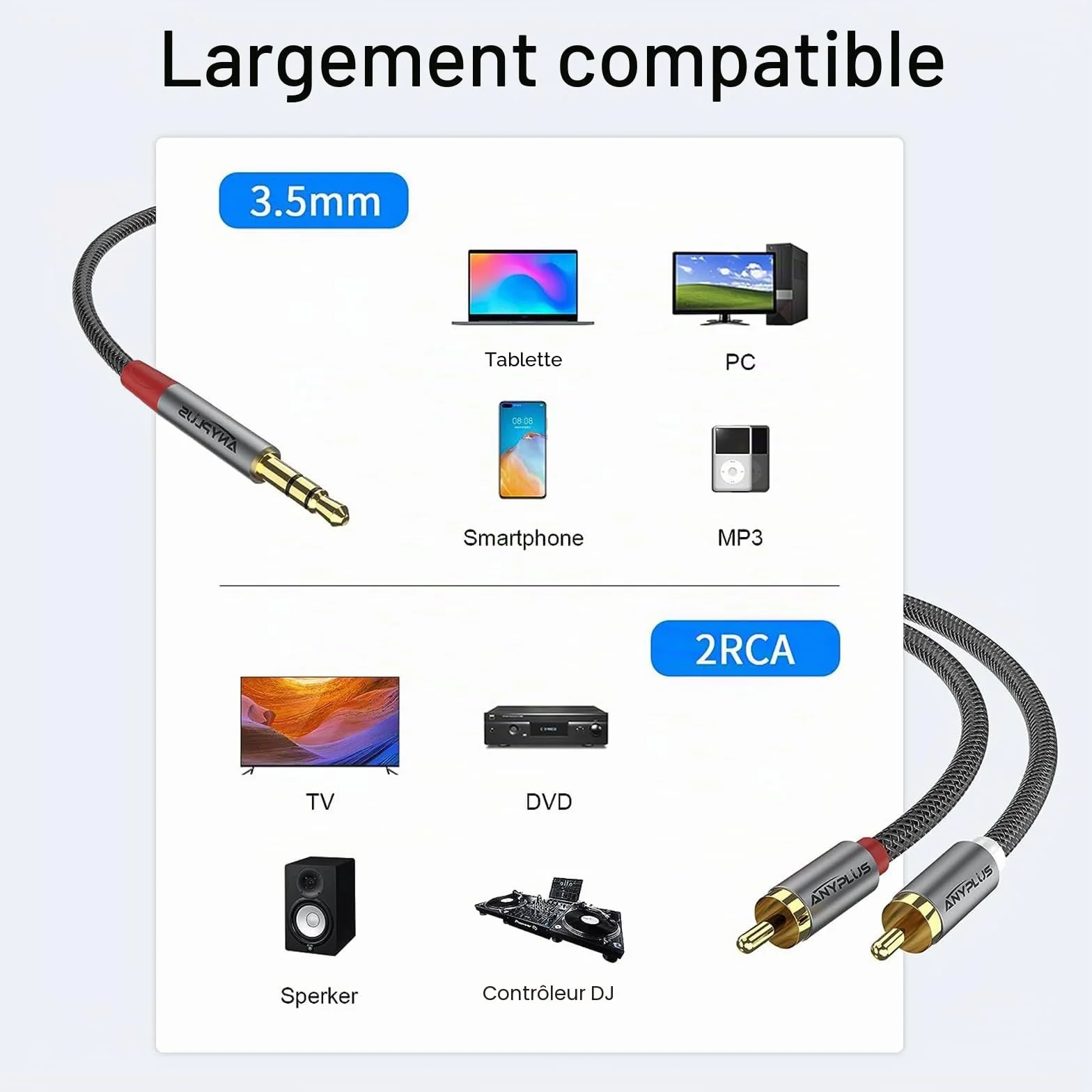 Câble RCA Jack,【0.5M】 3.5mm vers 2RCA Mâle Audio Stéréo,Ligne de Poisson Tissé Adaptateur RCA, Pour Smartphone, PC, Autoradio, Home Cinéma, Amplificateur, Chaîne HiFi,TV