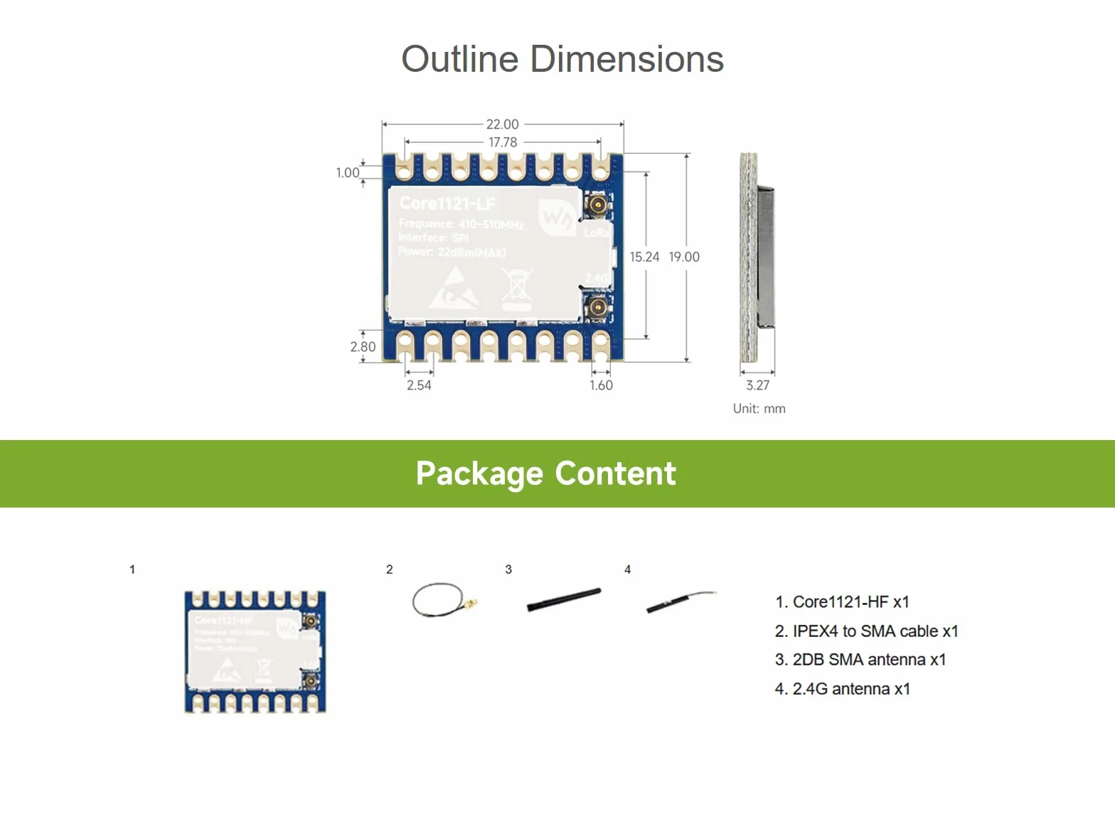 Core1121 HF Dual-Band Lora Module Basé sur LR1121 Low-Power Lora Transceiver, LR1121 Lora Core Module Support Sub-GHz (150MHz ~ 960MHz), S-Band (1.9GHz ~ 2.1GHz), and 2.4GHz ISM Frequency Bands
