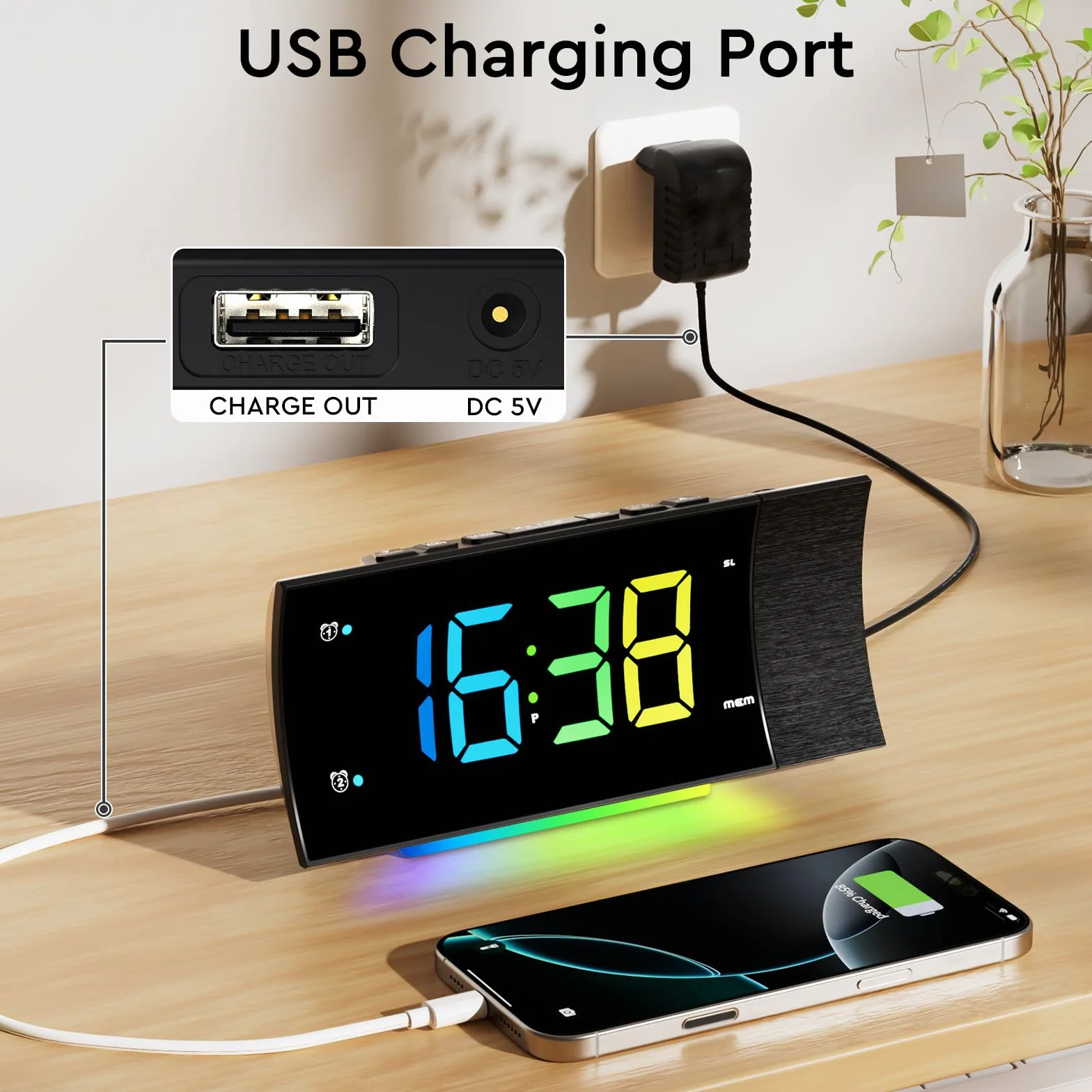 Radio Reveil Projecteur Plafond 180°, Radio Réveil FM Numérique, Grand Écran LED, Chargeur USB, Double Alarme, 12/24H, Snooze, Horloge Projection Plafond pour la Chambre
