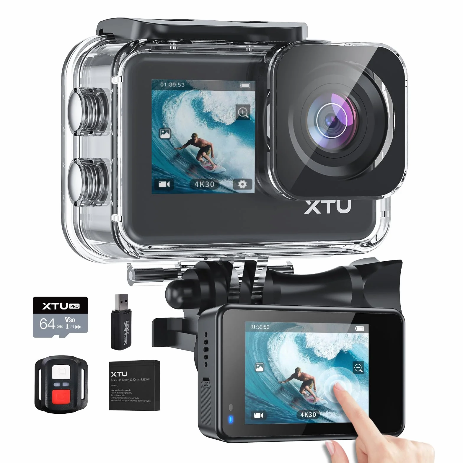 XTU Camera Sport 4K avec Carte SD 64Go – Cam Sport 4K Étanche 40M, Caméra Action Grand Angle 170°, Stabilisation EIS, Double Écran Tactile, WiFi, Camera Moto pour Plongée, Ski, Vlog