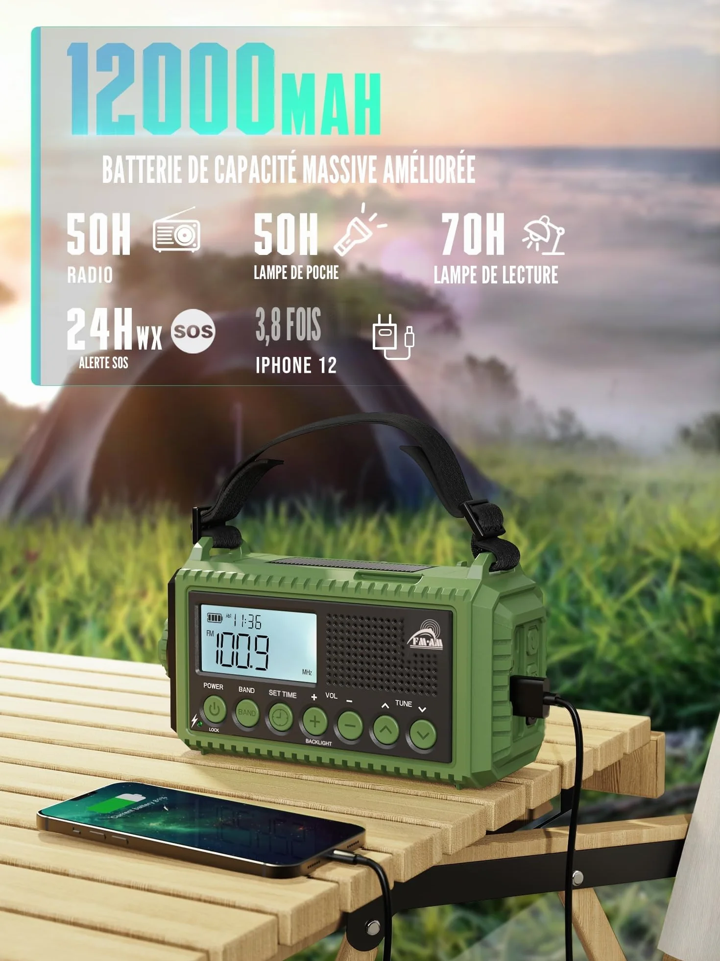 Radio Solaire FM/AM Portable 12000mAh Batterie Rechargeable d'Urgence avec Manivelle Lampe de Poche Chargeur Téléphone Alarme SOS