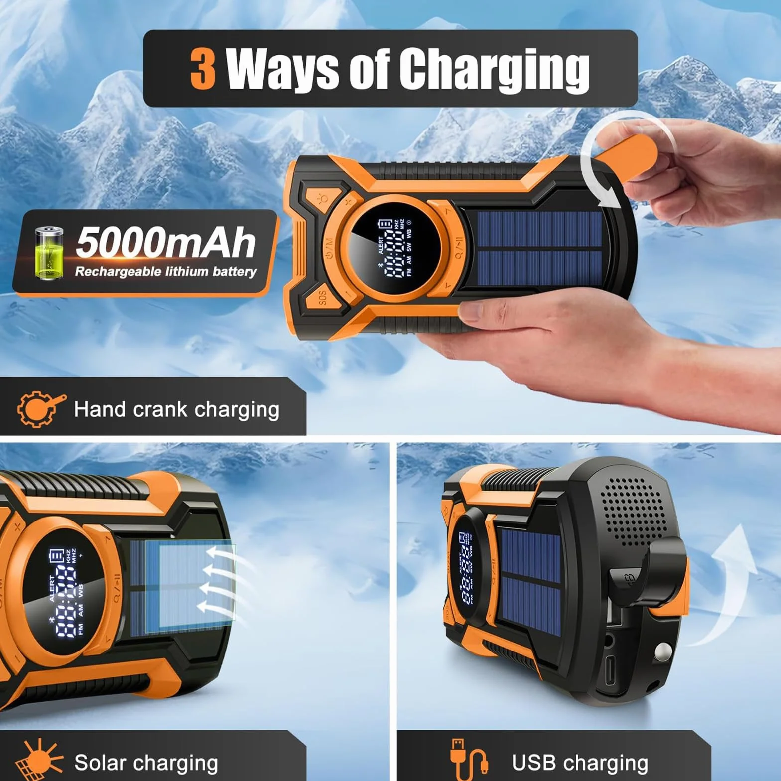 Rechargeable Portable Radio Dynamo avec Lampe de Poche LED, Power Bank 5000mAh AM/FM Radio Manivelle Solaire, SOS Alarm/Lampe Poch/3W Haut-parleurs, Outdoor, Emergency