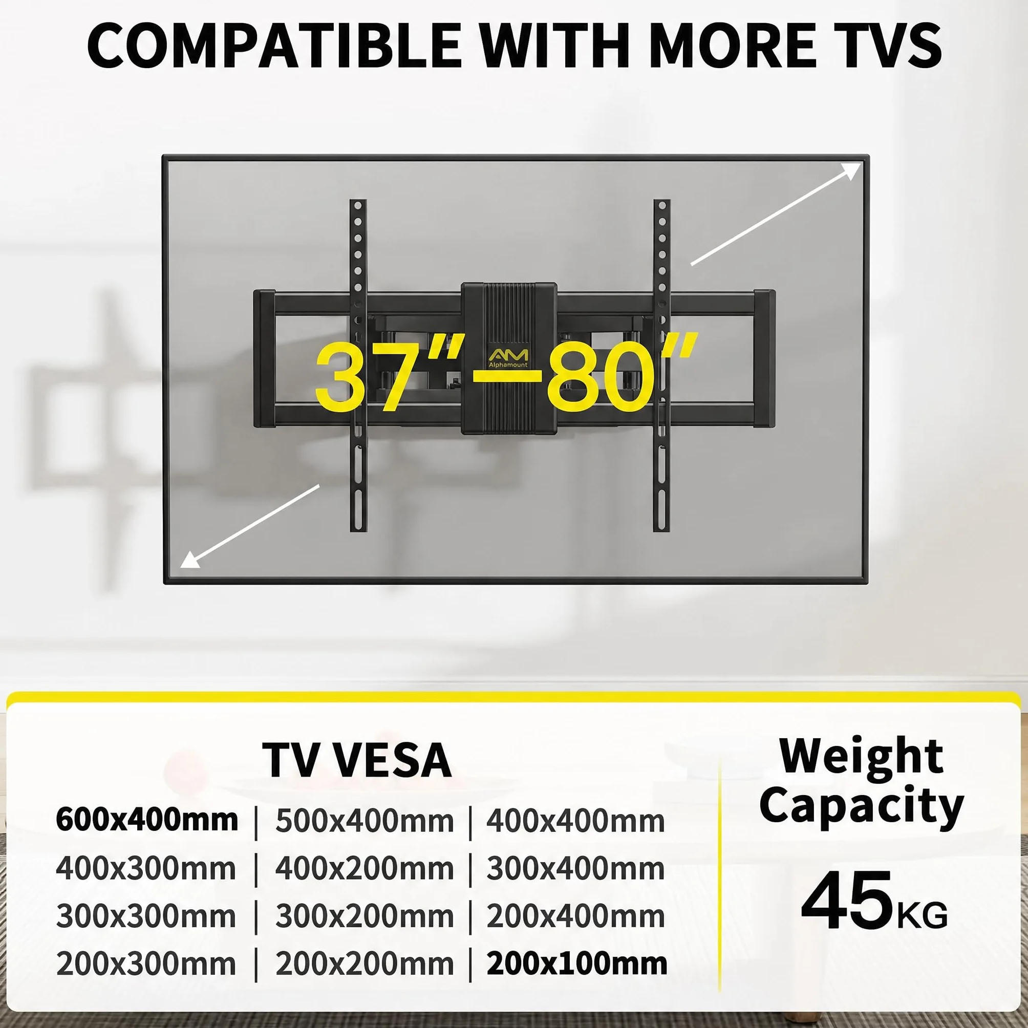 Alphamount Support Mural TV Mouvement Complet pour Téléviseurs de 37 à 80 Pouces Jusqu'à 45 kg, Fixation Murale TV avec Double Bras Pivotant Extensible et Inclinable Max VESA 600x400mm, APLF6
