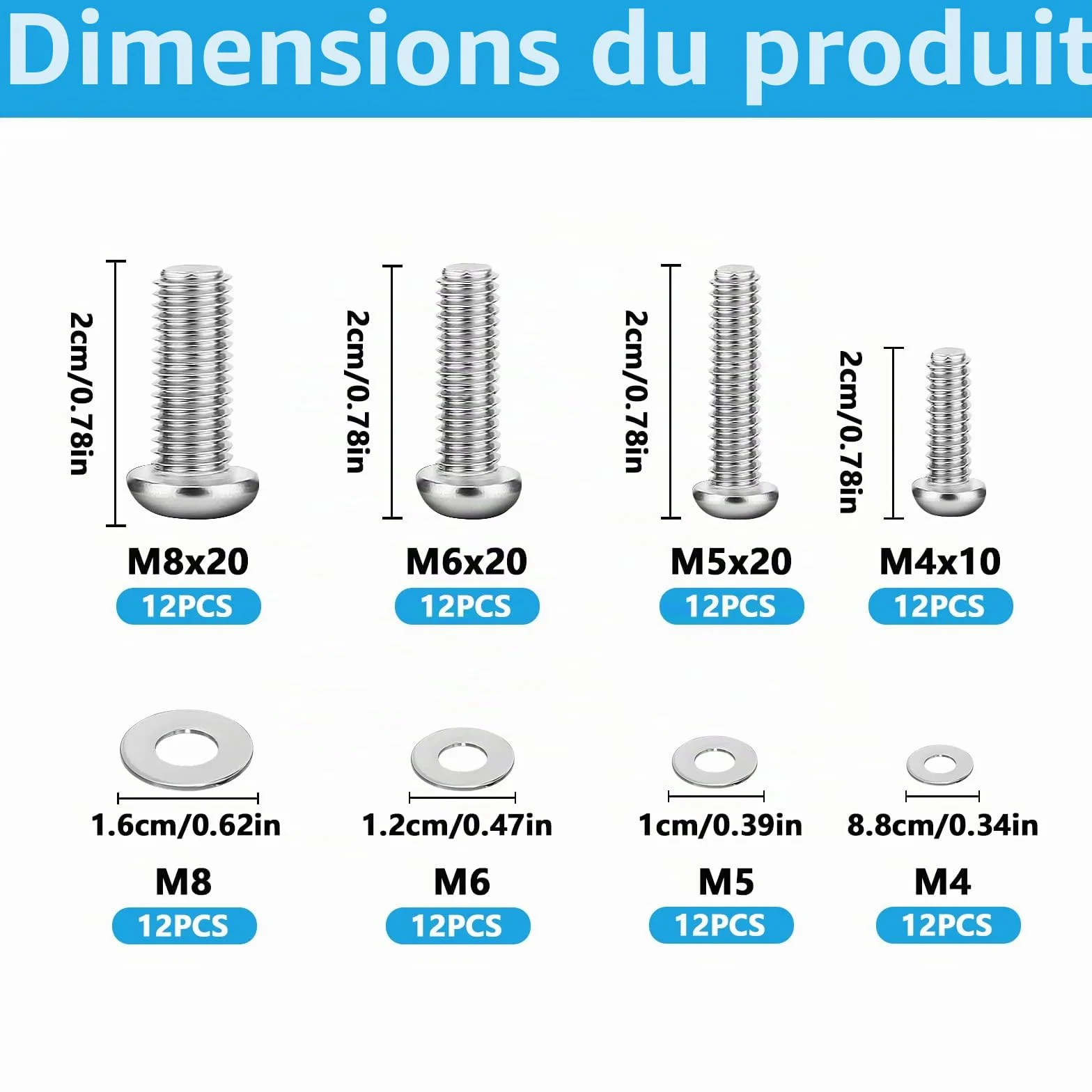 Kit de 48 vis VESA universelles pour supports TV, vis pour moniteurs et écrans muraux, en acier inoxydable, avec rondelles.