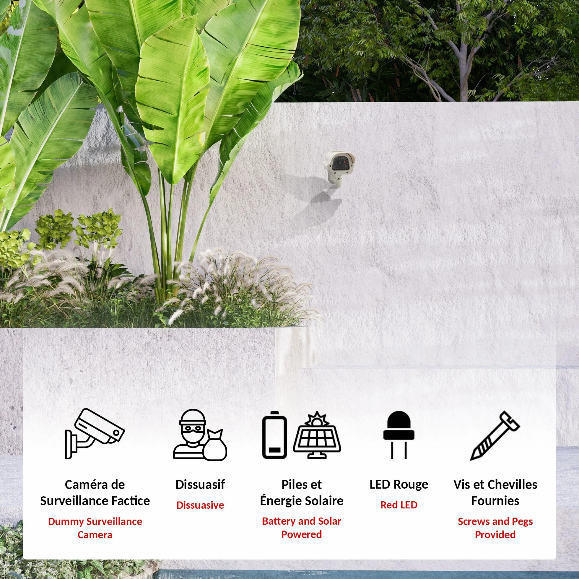 Fishtec ® Camera Factice Extérieur - Fausse Caméra de Vidéosurveillance avec LED Clignotante - Panneau Solaire - Usage Extérieur/Intérieur - Blanc