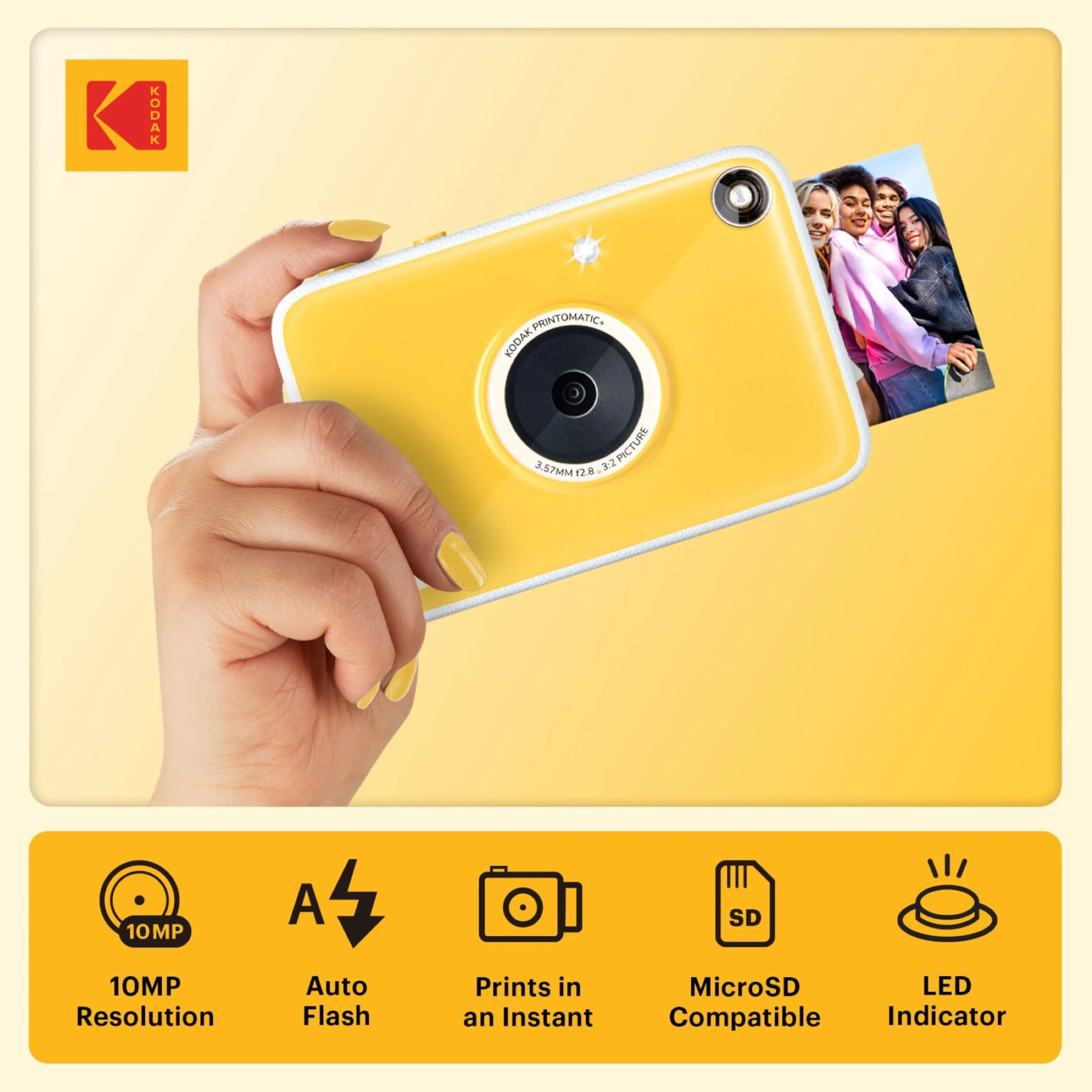 Kodak Printomatic+ Appareil Photo Instantané 10MP Pack de Démarrage (Bleu) avec Étui, LED RVB et Papier Photo Zink 20 Feuilles – Jaune