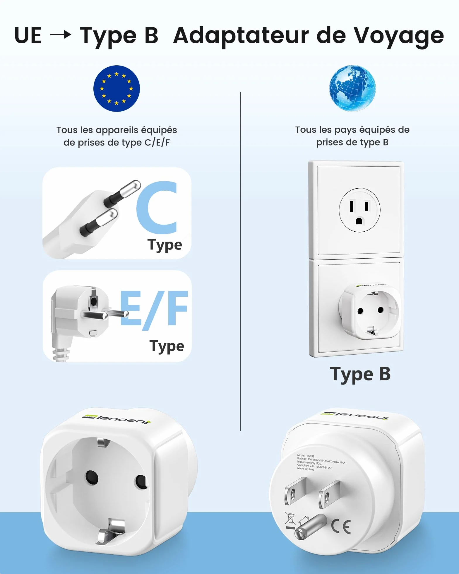 LENCENT Adaptateur Prise USA Voyage Canada Type B 2 Pièces
