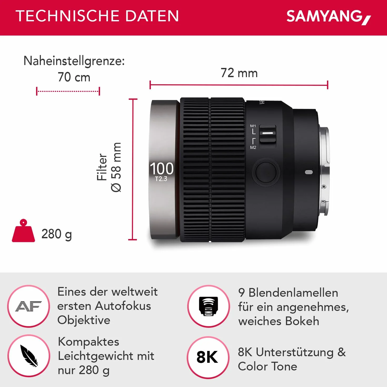Samyang V-AF 100 mm T2,3 FE Objectif vidéo Cine 8K pour Sony E