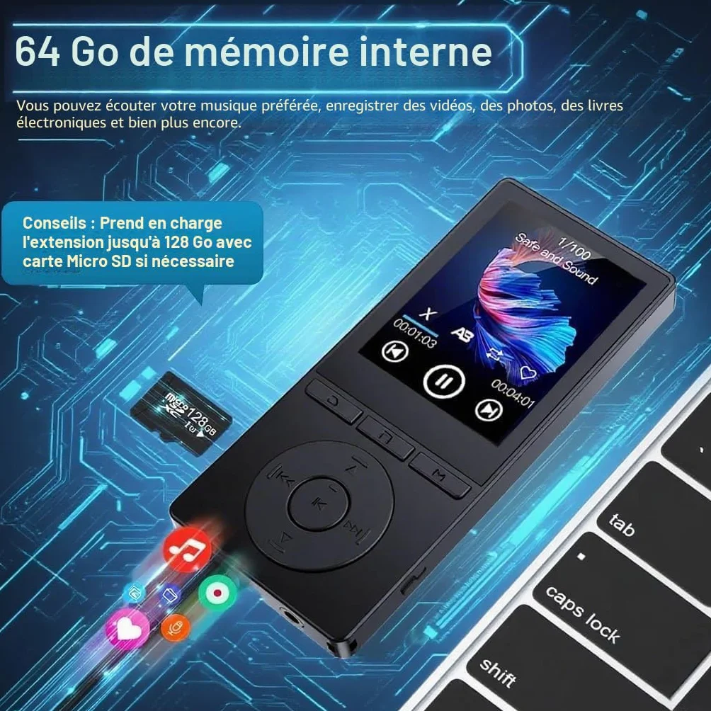 Lecteur MP3 Bluetooth 5.3 64 Go avec Haut-Parleurs, Radio FM, Écran Couleur 2,4 Pouces, Noir