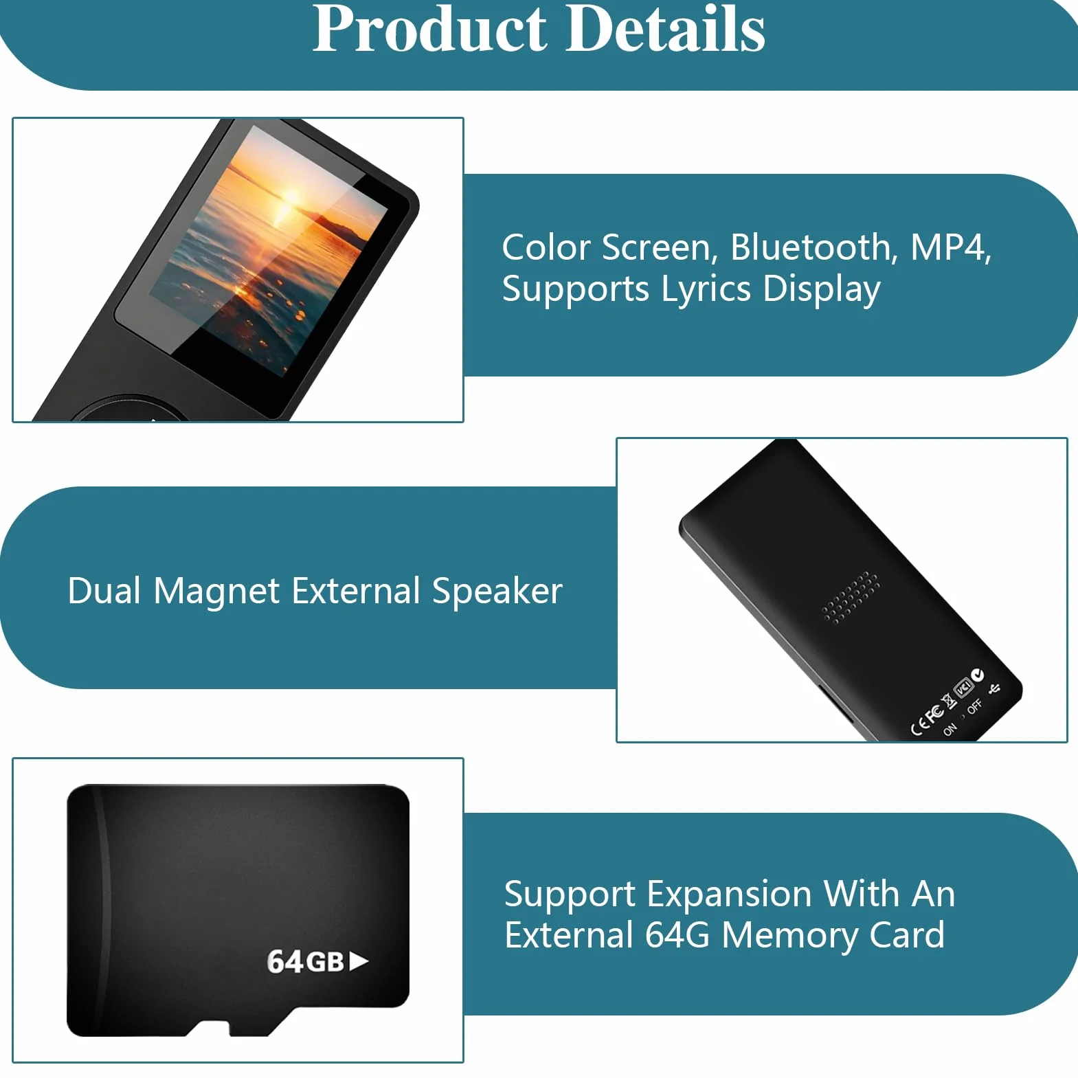 Lecteur MP3 Bluetooth 5.3 64Go avec Haut-Parleur, Radio FM, Écran 1,8", Autonomie 70H, Léger
