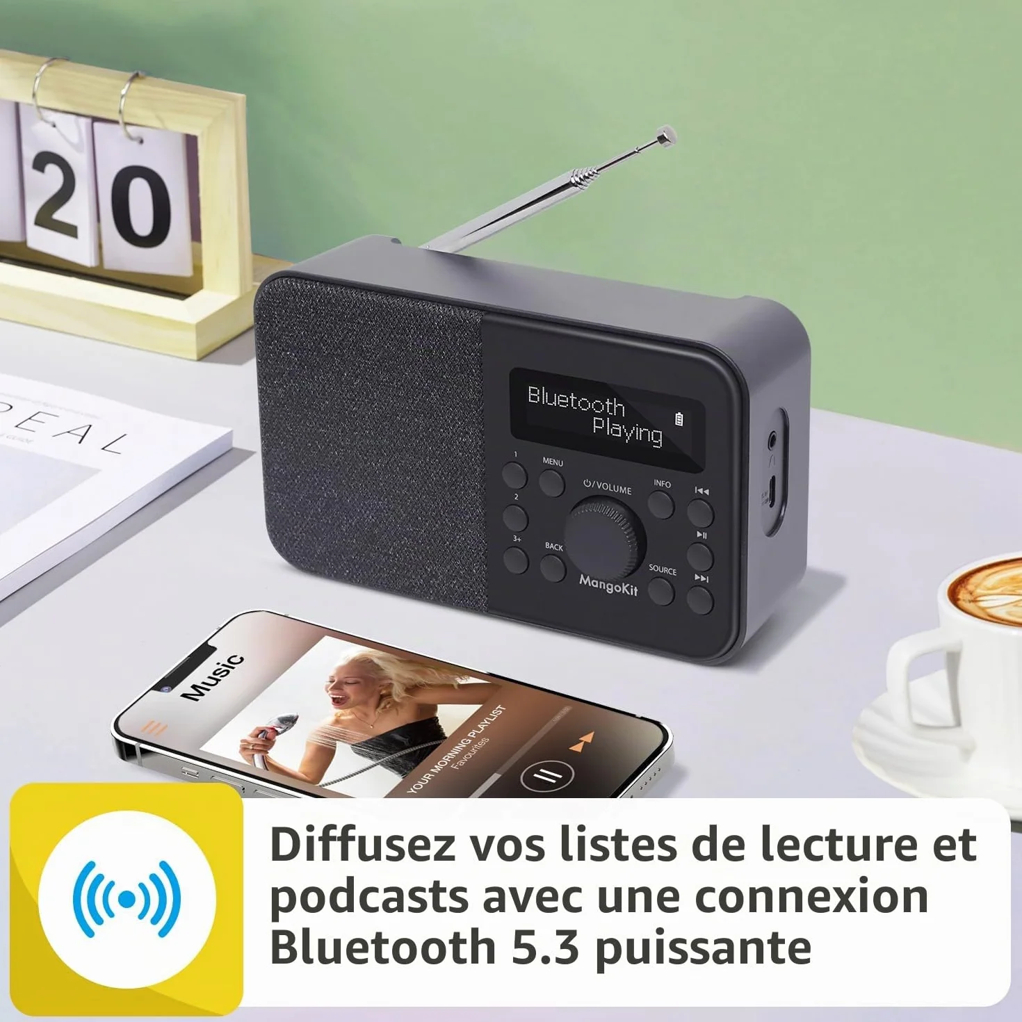 Radio Numérique DAB Portable FM Bluetooth avec Écran, Réveil, 40 Stations Préréglées - Noir