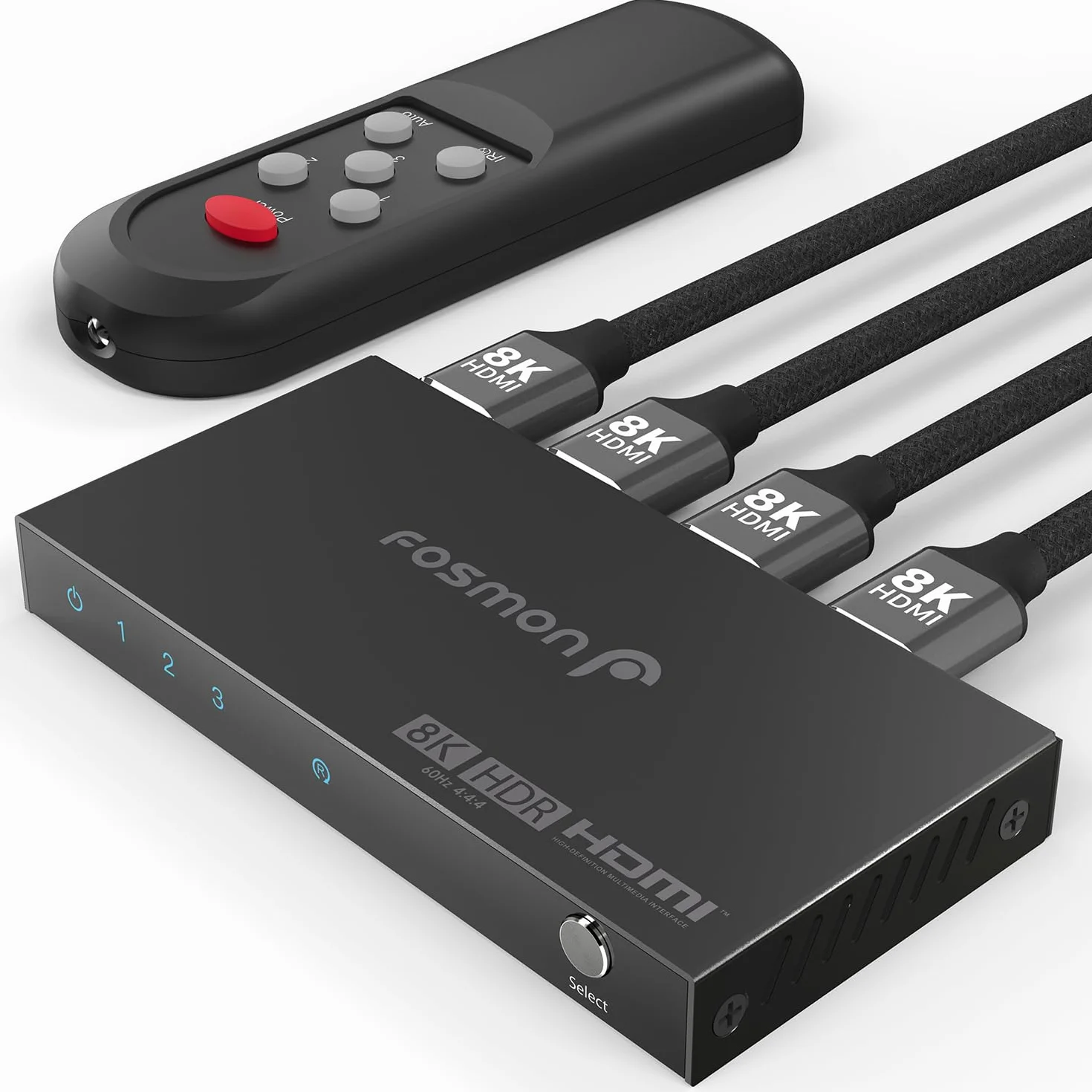 Fosmon Commutateur HDMI 8K 3 Ports avec Télécommande, 8K@60Hz 4K@120Hz HDR10+ HDCP 2.3 48Gbps, Switch HDMI 2.1 3 Entrées 1 Sortie Hub Compatible avec PS5, Xbox X|S, Apple TV, DVD, PC, Moniteur