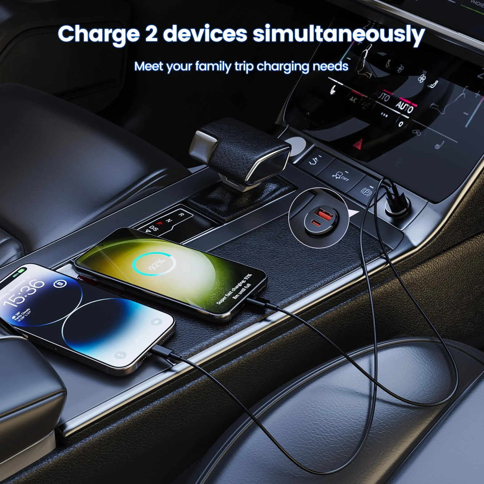 MOSWAG Allume Cigare USB C Adaptateur, 2 Ports Charge Rapide Chargeur Voiture with USB C USB A, QC3.0 Charge Rapide Chargeur Voiture