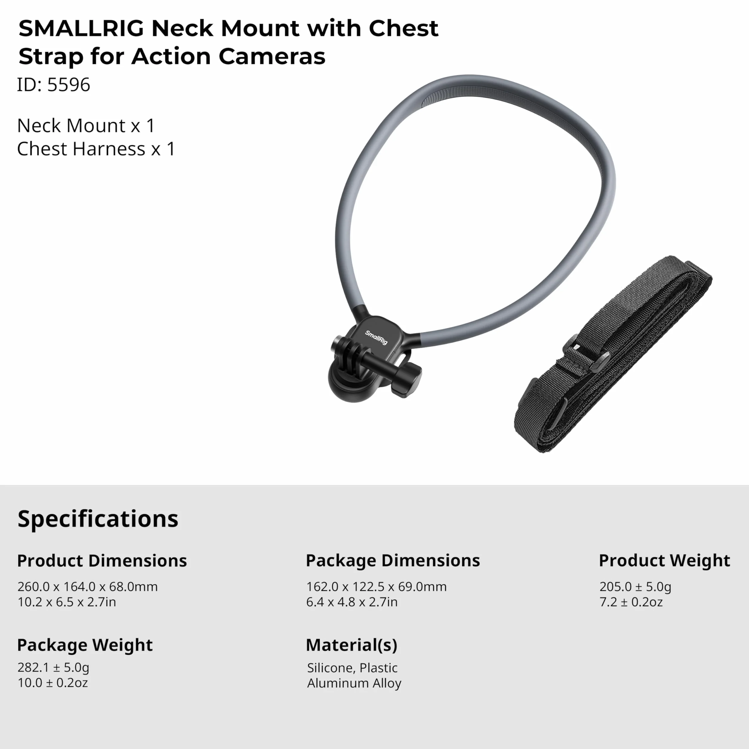 SMALLRIG Support de Cou avec Sangle de Poitrine pour caméras d'action, avec Interface à 2 Broches pour GoPro Hero 13/12/11/10/9, pour DJI Osmo Action 5 Pro/4/3, pour Insta360 Ace Pro 2-5596