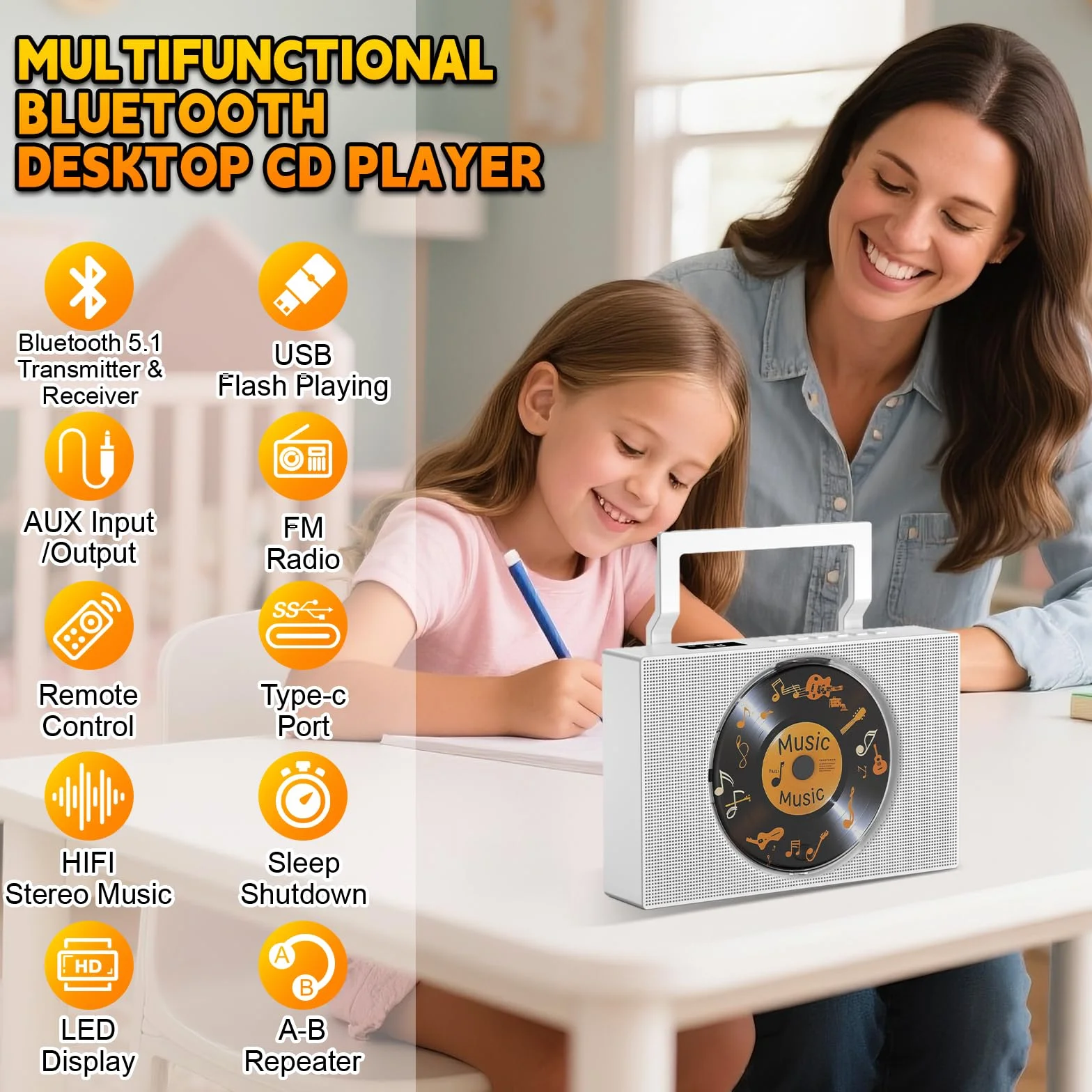 Lecteur CD Bluetooth Radio FM avec Poignée Haut-parleurs Télécommande AUX 3,5 mm Prise Casque USB Type-C Lecteur MP3