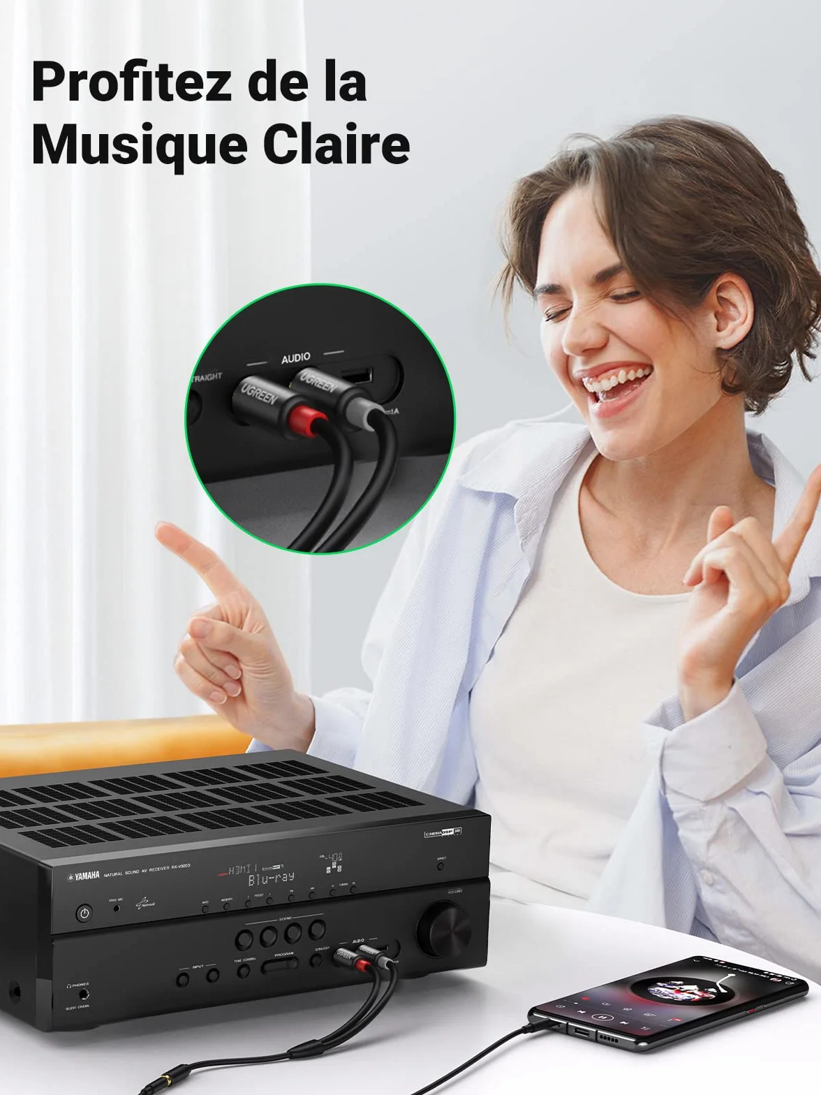 UGREEN Câble RCA Jack 3.5mm Femelle vers 2 RCA Mâle Adaptateur Stéréo Compatible avec Téléphone TV PC Tablette Ampli Chaîne HiFi Barre de Son Home Cinéma Enceinte 25CM