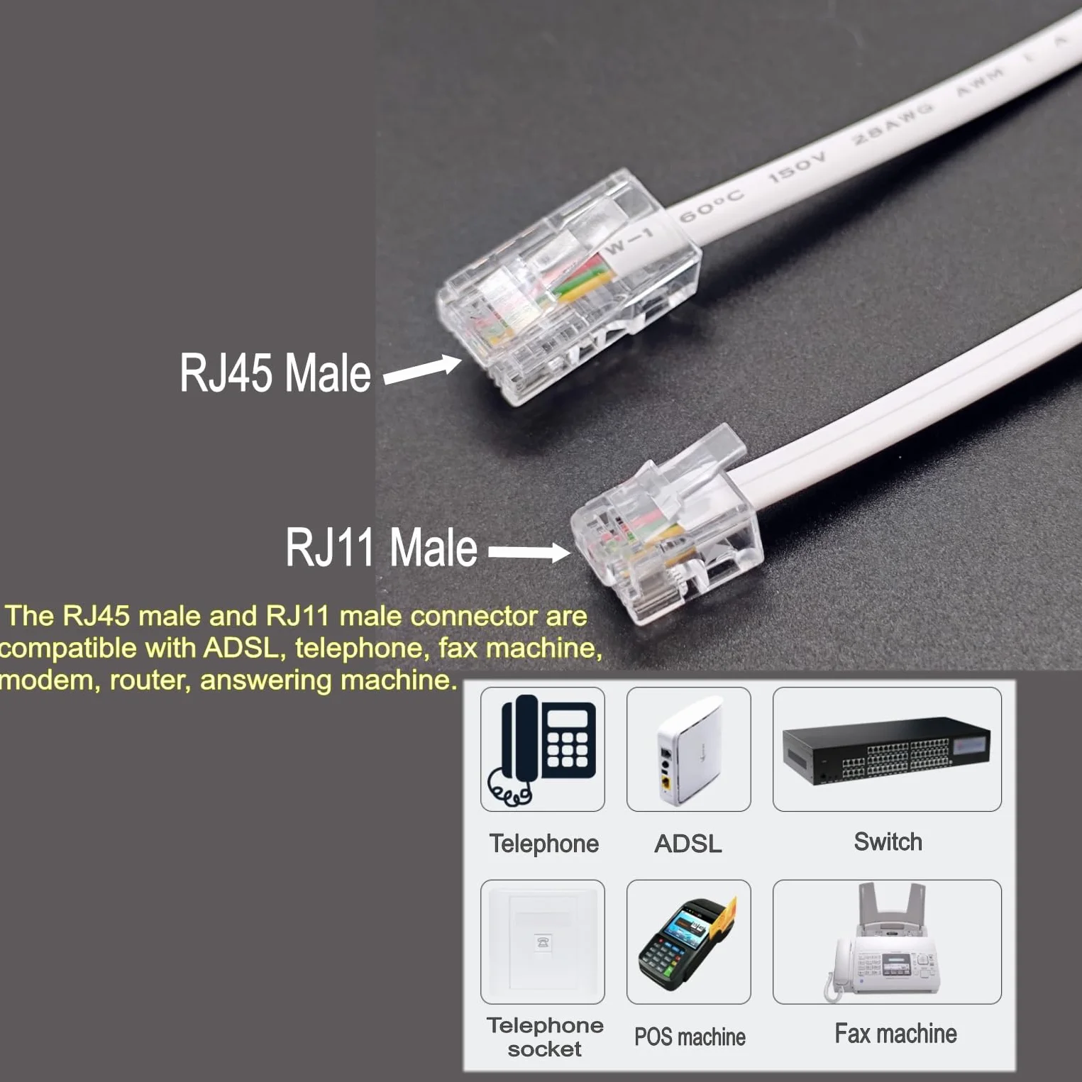 JZK 1.5m Blanc RJ11 vers RJ45 câble, cordon raccordement Ethernet, cordon raccordement téléphonique ADSL 6P4C vers 8P8C, rallonge réseau plate pour VoIP, fax, téléphone, ligne fixe, modem, routeur