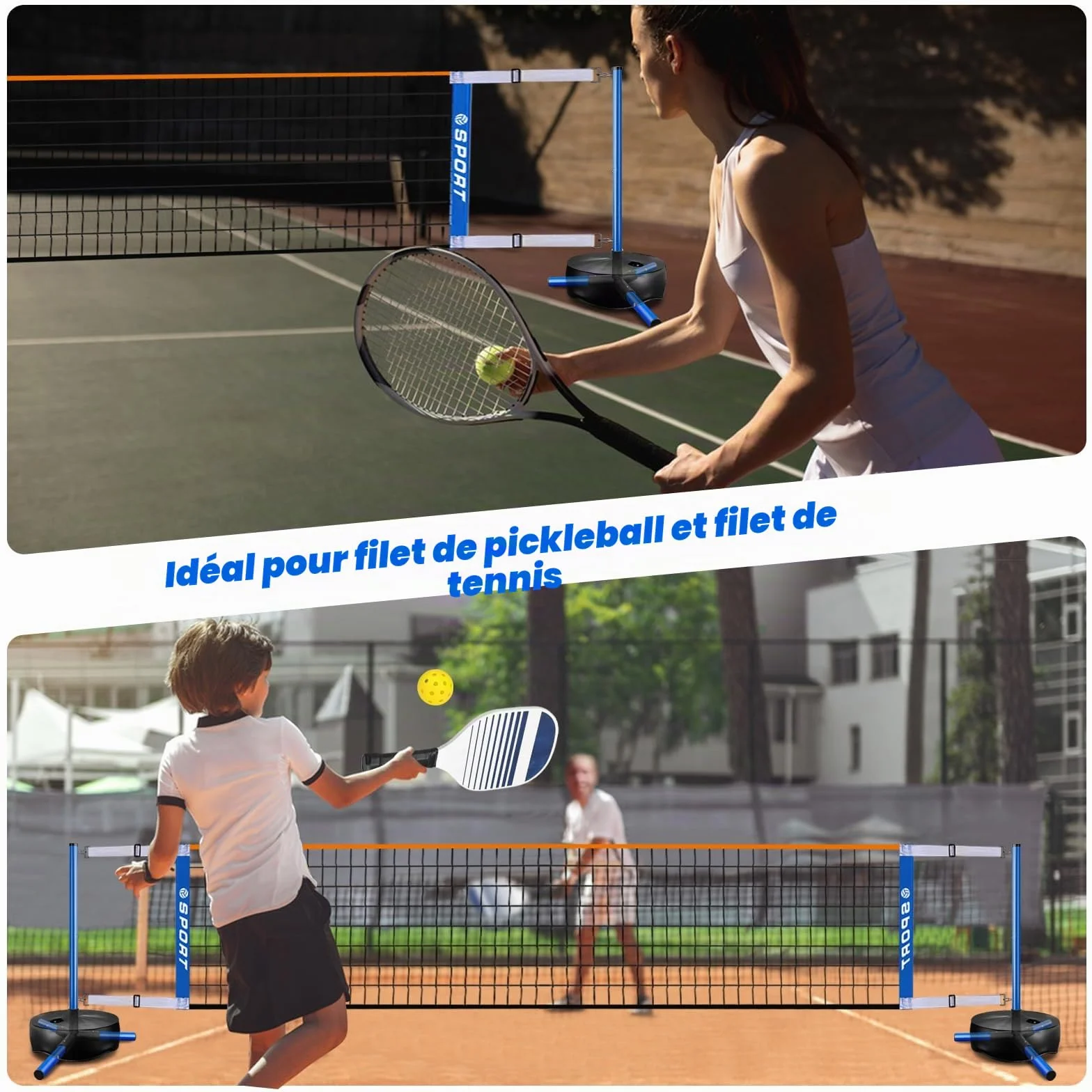 Filet de volleyball de piscine portable intérieur/extérieur avec 2 balles, base robuste, réglable 4,5-7,6 m