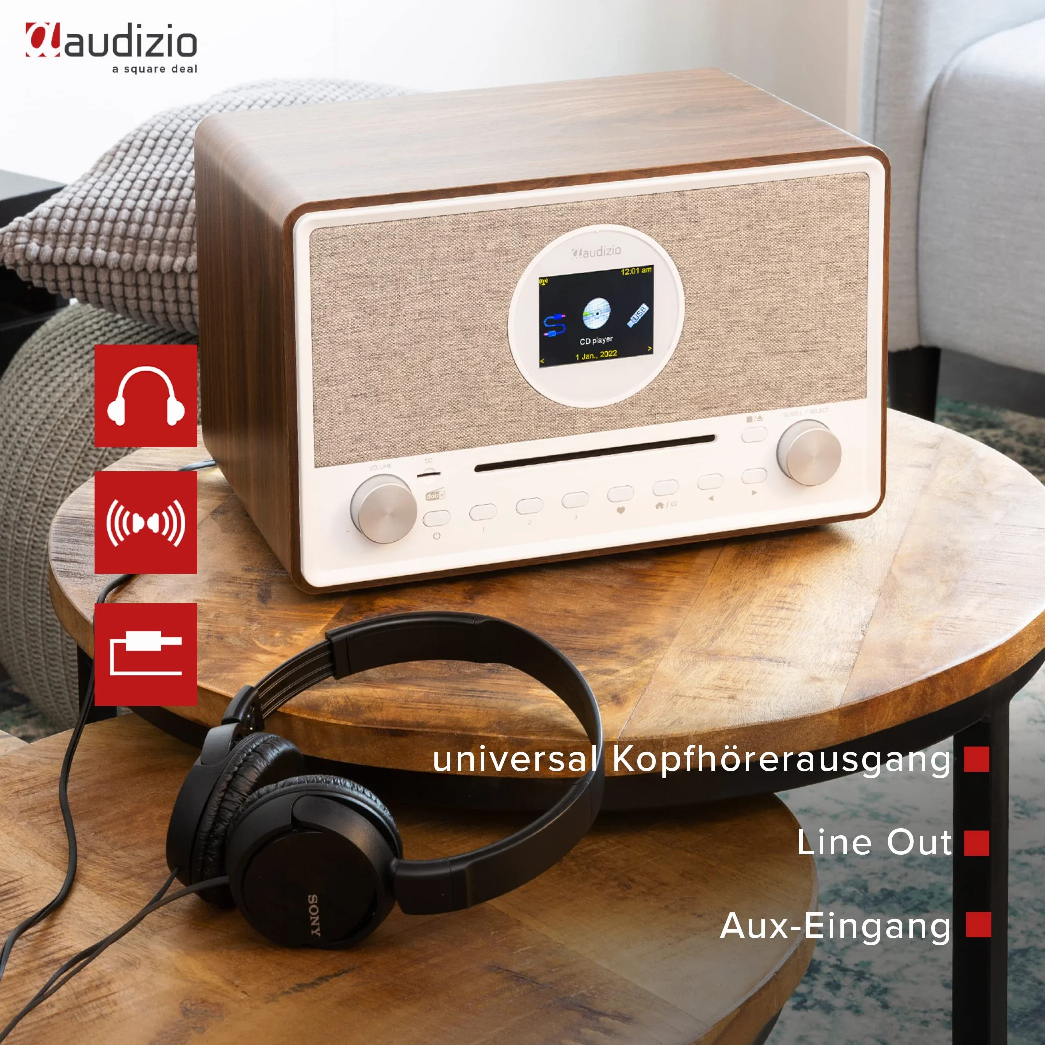 Audizio Lucca Radio Dab+ Internet Wi-FI 60W - Bois, Écran LCD 2,8", Bluetooth 5.0, CD, Deux Haut-Parleurs, Sortie Casque, Télécommande Incluse, Idéale pour Écouter la Radio à la Maison