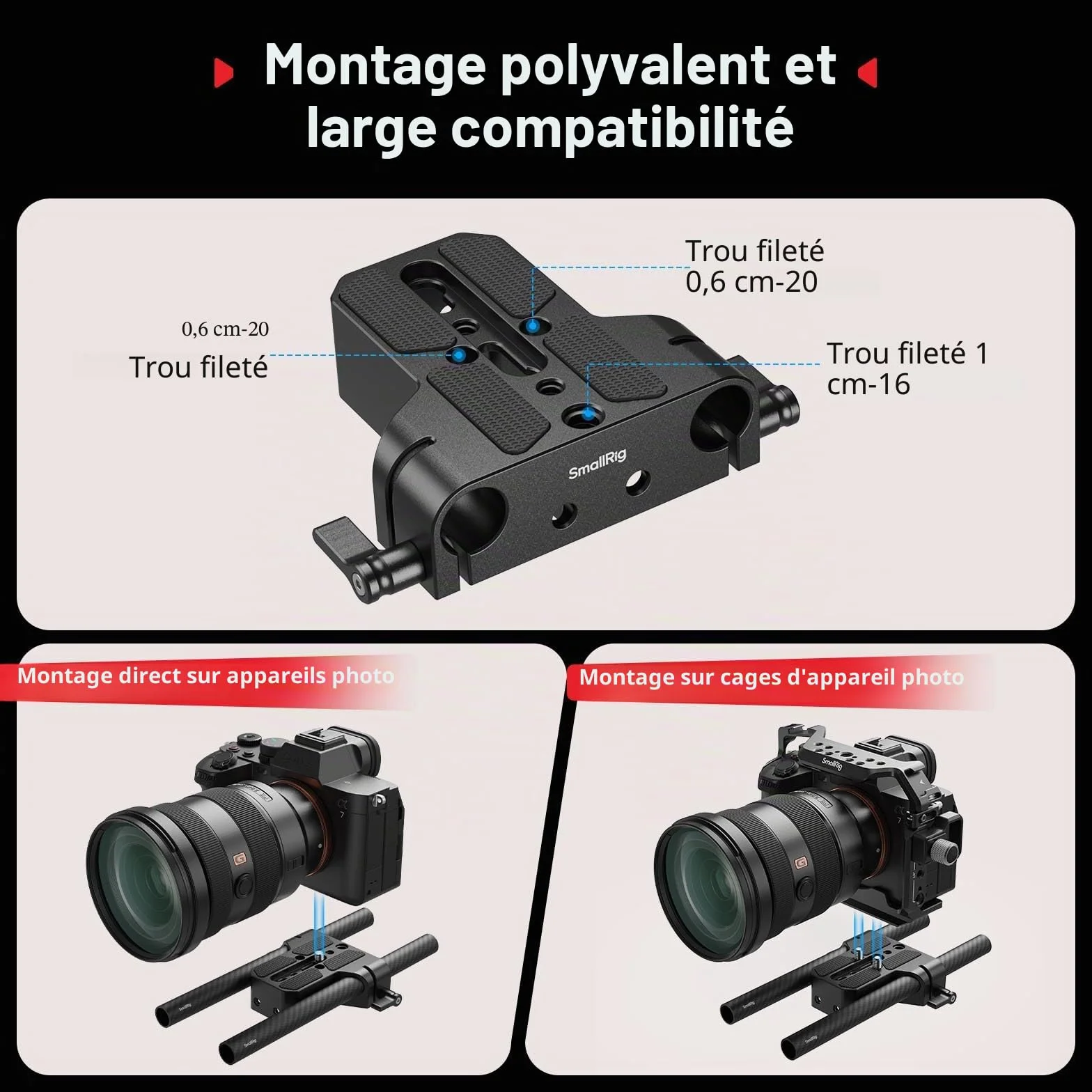SMALLRIG Kit de Plaque de Base pour Appareil Photo avec Pince pour Rail LWS 15 mm, Tiges en Fibre de Carbone 15 mm (8'' / 20 cm), pour Sony A6500, pour Canon R5, R6, pour Sony A7SIII / A7III - 5609