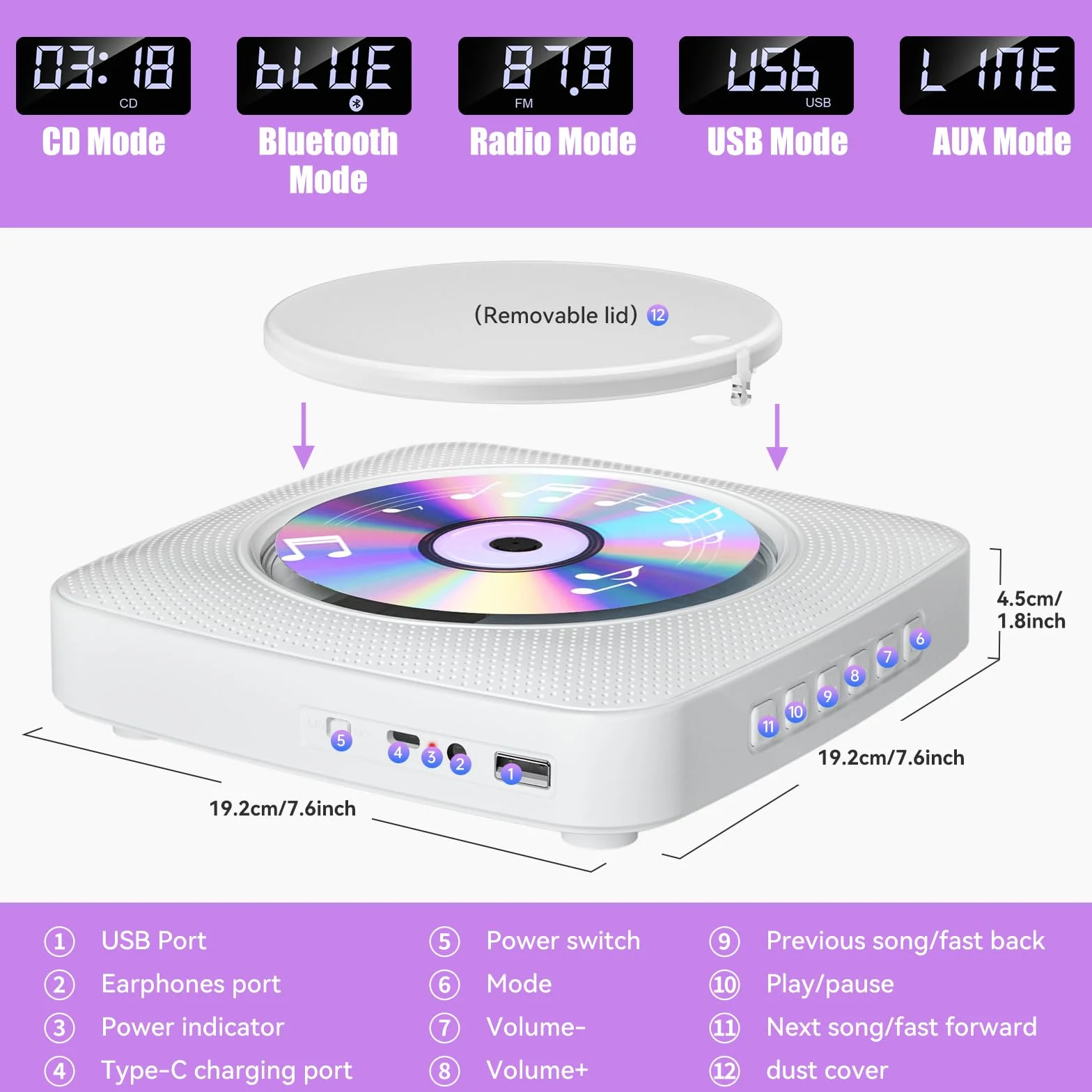 Gueray Lecteur CD Portable Bluetooth 1800mah Lecteur CD de Bureau pour la Maison Lecteurs CD avec Deux Haut - parleurs Télécommande Housse Anti-poussière Affichage Radio FM Minuterie USB Aux-Blanc