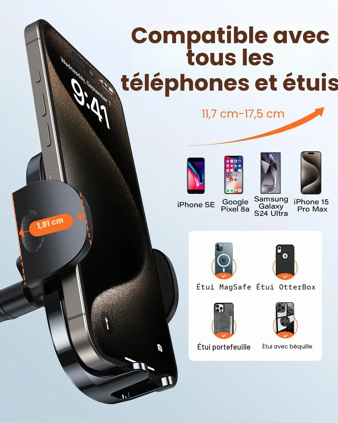 APPS2Car Support de téléphone de Voiture pour Pare-Brise - Ventouse Plus Forte - Support de téléphone pour Tableau de Bord de Voiture - Compatible avec iPhone 14/13/12 Pro Max, Samsung S22 et Plus