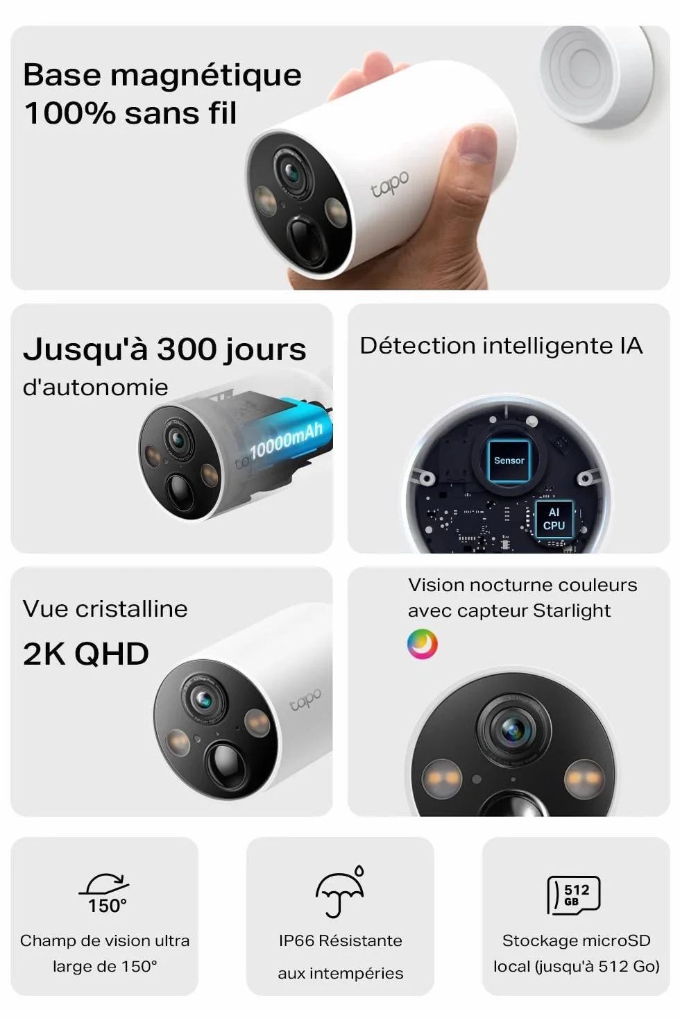 Tapo C425 2.5K(4MP) Caméra de Surveillance WiFi Extérieure sans Fil Batterie 10 000mAh, Autonomie de 300j, AI Détection, Vision Nocturne en Couleur, IP66 Etanche, Aucune hub requis(Base magnétique)