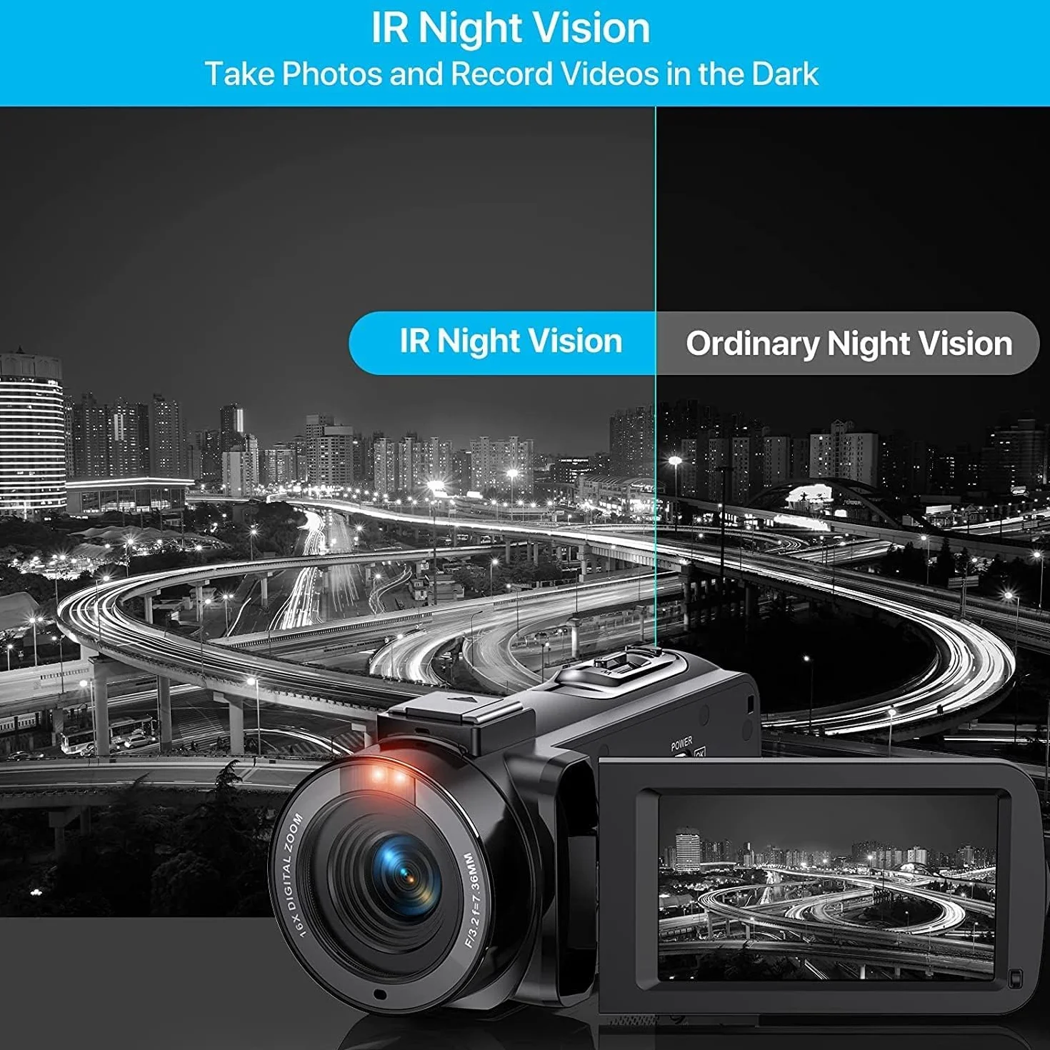 IXNAIQY Caméscope Caméra Vidéo 1080P 30FPS 36MP Camescope pour Youtube, Caméra Numérique avec IR Vision Nocturne, 16X Zoom Numérique, 3.0'' LCD 270 Degrés Ecran Rotatif Vlog Caméra, 2 Piles