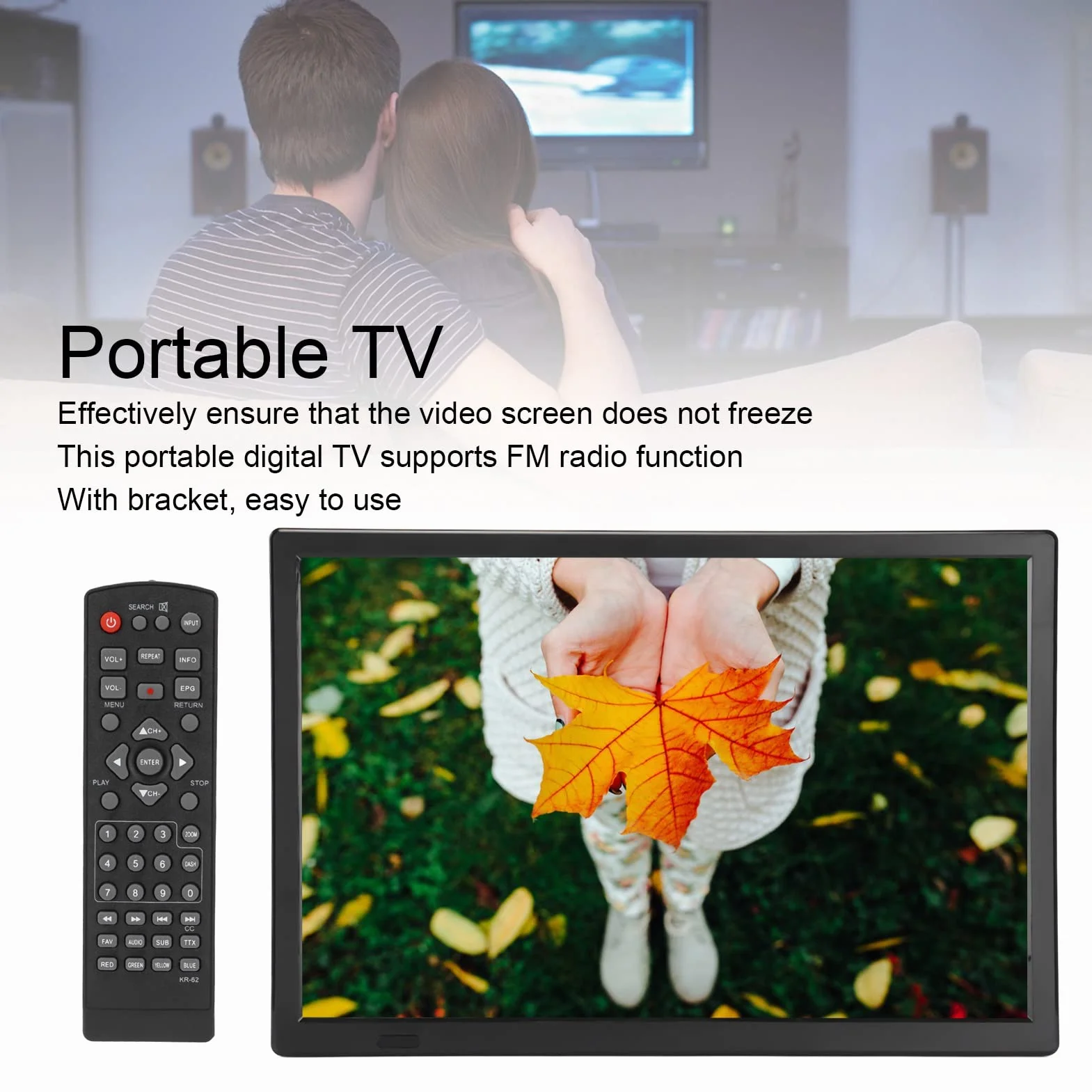 Téléviseur numérique portable 16 pouces, écran TFT HD 1080p, téléviseur LED TNT, signal rechargeable, moniteur de télévision numérique sans délai avec HDMI, USB, support TV pour voyage en voiture