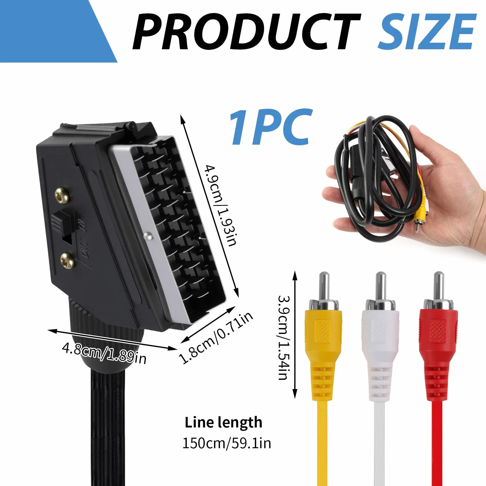 Câble Péritel vers 3RCA Mâles de 1,5m, Câble Adaptateur Péritel Audio Vidéo Convertisseur pour TV, DVD, Magnétoscope, Système Home Cinéma, Transmission unidirectionnelle