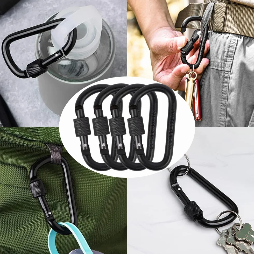 Petit Mousqueton Noir D-Ring avec Vis Lock en Aluminium Porte-clés Verrouillage Clip pour Sac à Dos Randonnée
