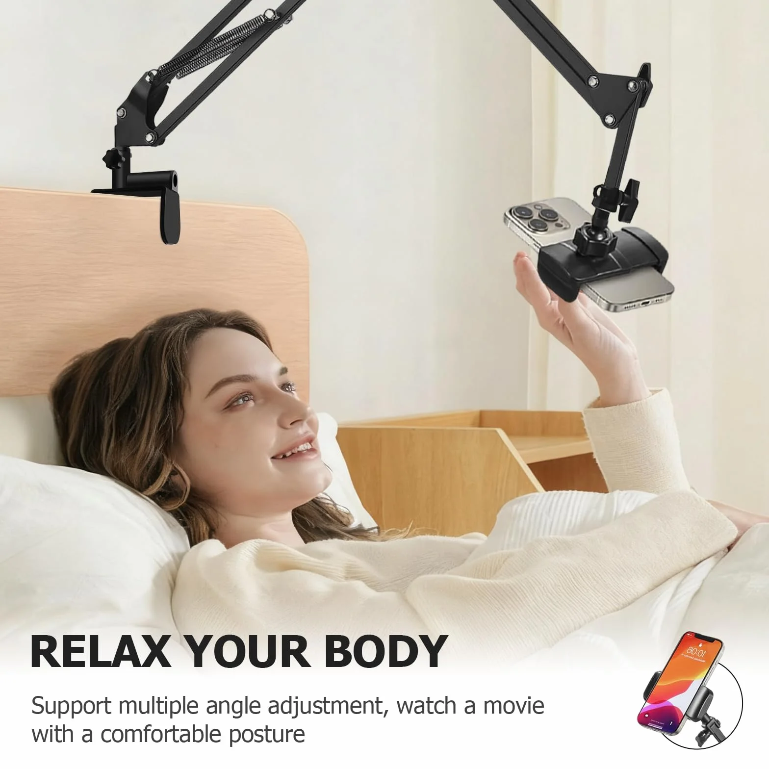 Support Telephone Lit, Support de Téléphone Portable avec Bras Articulé et Clip de Câble Porte de Téléphone Portable Flexible Bureau Bras Articulé Flexible pour Smartphone de 4 à 7 Pouce