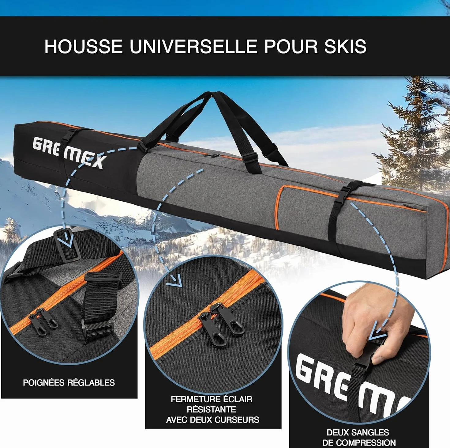 Housse de Ski imperméable pour 1 Paire de Skis - Sac de Ski Alpin Compact et Léger