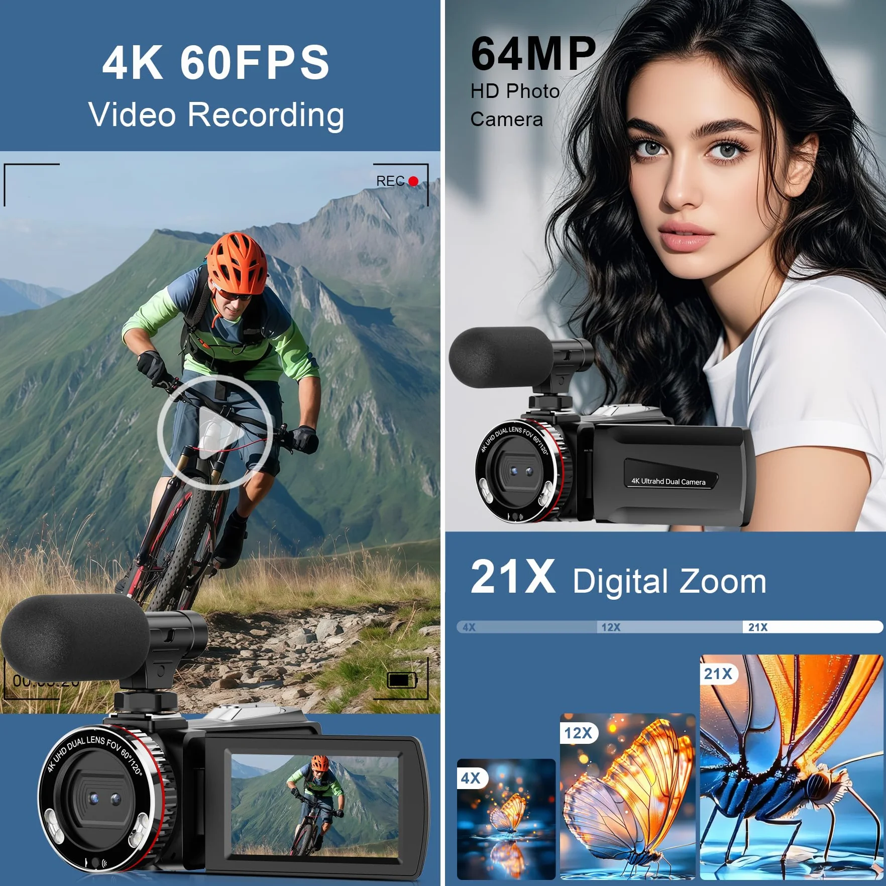 Caméra vidéo 4K 64MP 60FPS Caméscope numérique Vlogging avec stabilisateur, Microphone, Carte SD, 2 Piles, Télécommande