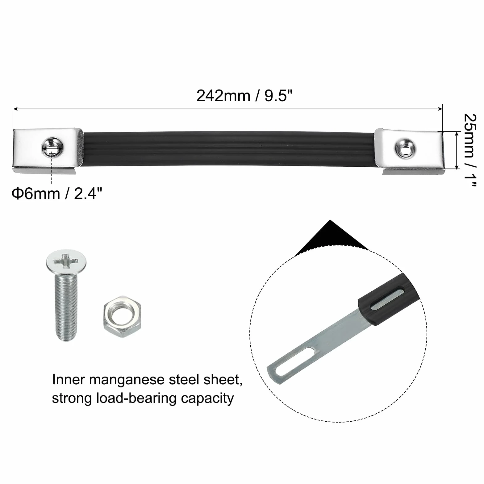 PATIKIL Poignée de Remplacement 9,5 Pouces, Poignée de Sangle en Caoutchouc pour Enceintes d'Amplificateurs avec Embouts Métalliques et Accessoires de Fixation, Ton Argenté