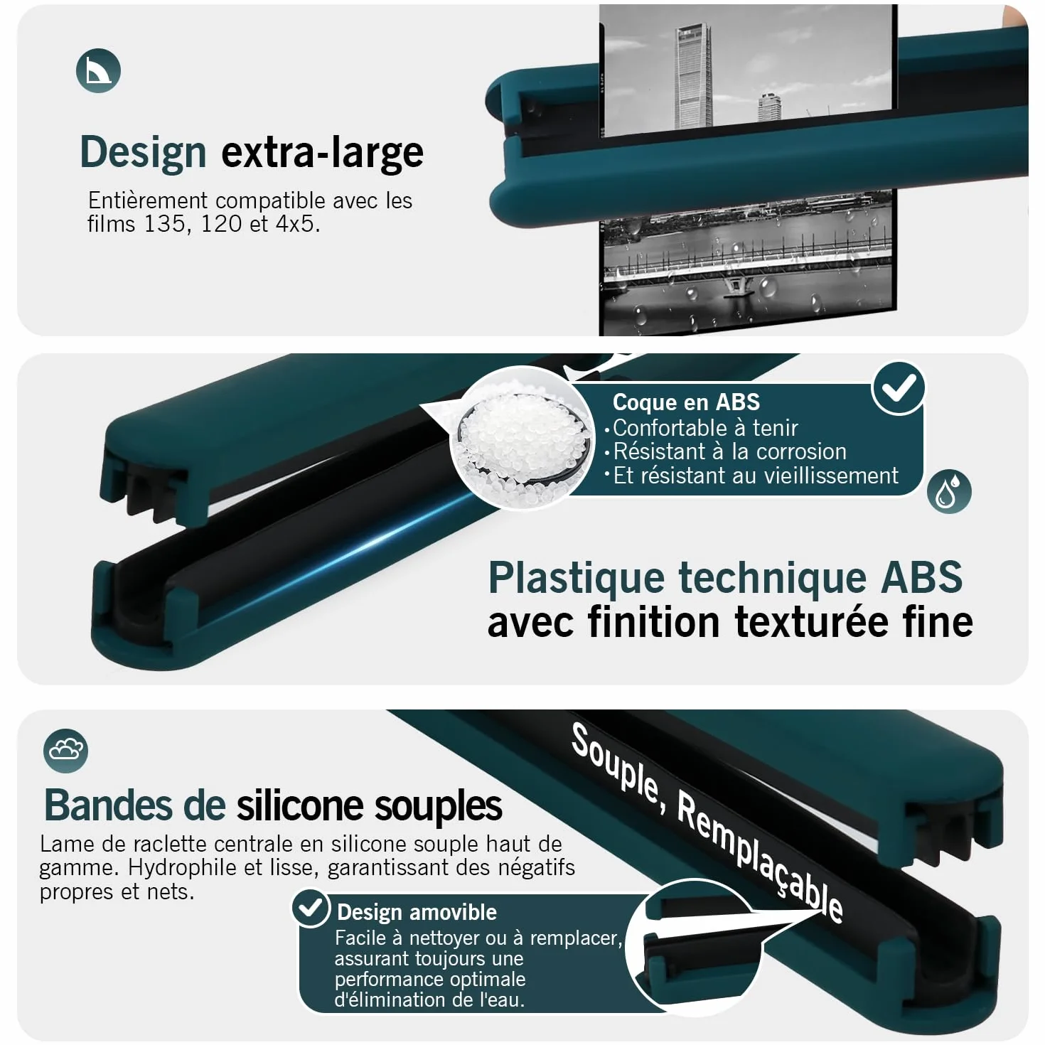 Raclette eTone pour Films 35 mm et 120, Lames Souples en Silicone, essuyage sans Traces, Compatible avec Les Films négatifs 135/120/4x5 (Vert)