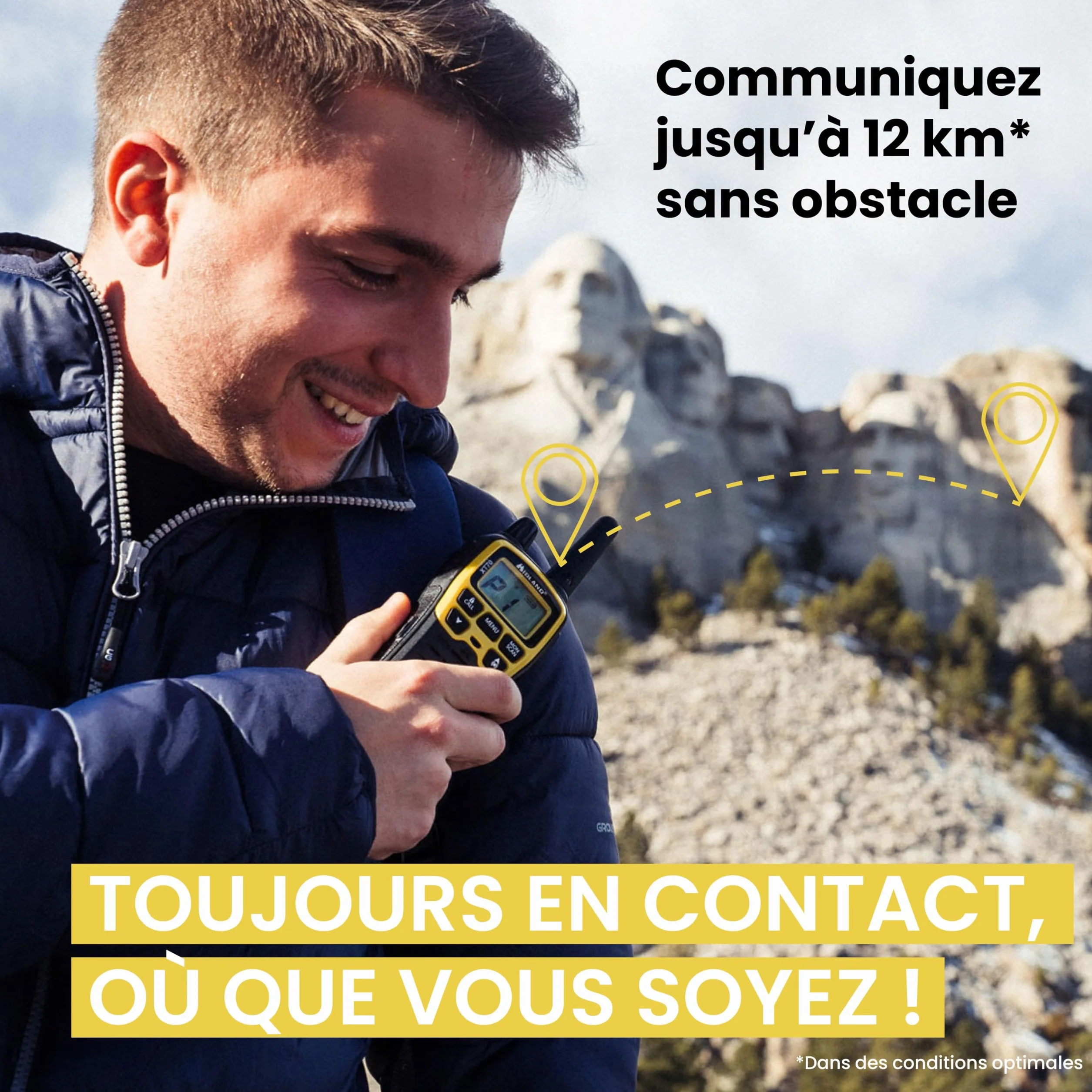 Midland C1180.01 XT70 Adventure Talkie Walkie - Émetteur-Récepteur Radio Pro Bi-bande à Recharge Rapide - Jaune - 69 LPD et 24 PMR446, 12 km, 38 Tonalités et 83 Codes - Lot de 2 Émetteurs-Récepteurs