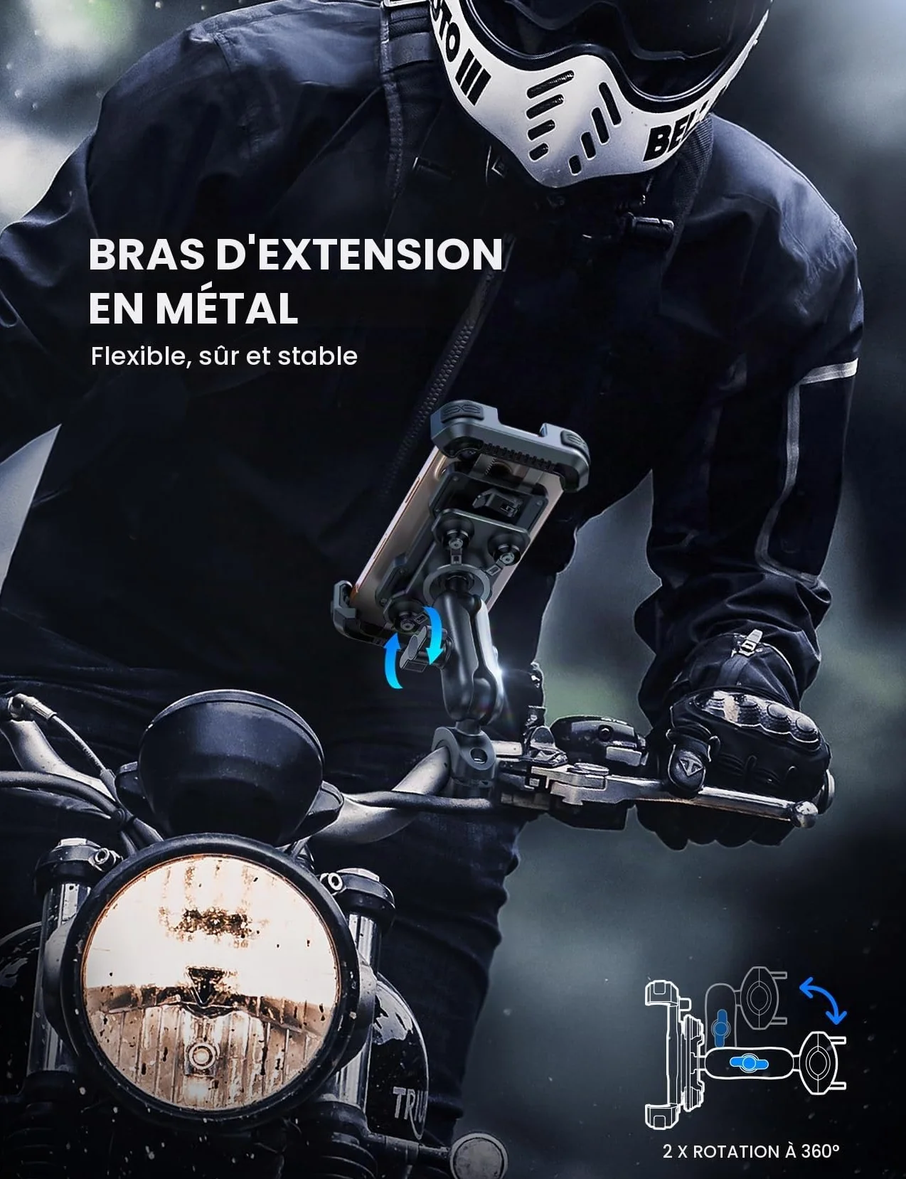 Lamicall Support Téléphone Moto Antivol Double Anti-Vibration Bras Extension Métal pour Guidon Vélo 360° Pivotant iPhone 16 15 14 4,7-6,7"