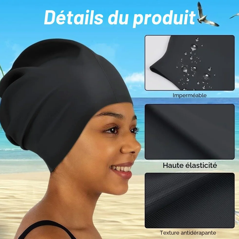 Bonnet de Bain Grand Silicone Imperméable Extra-Large pour Cheveux Longs Homme Femme