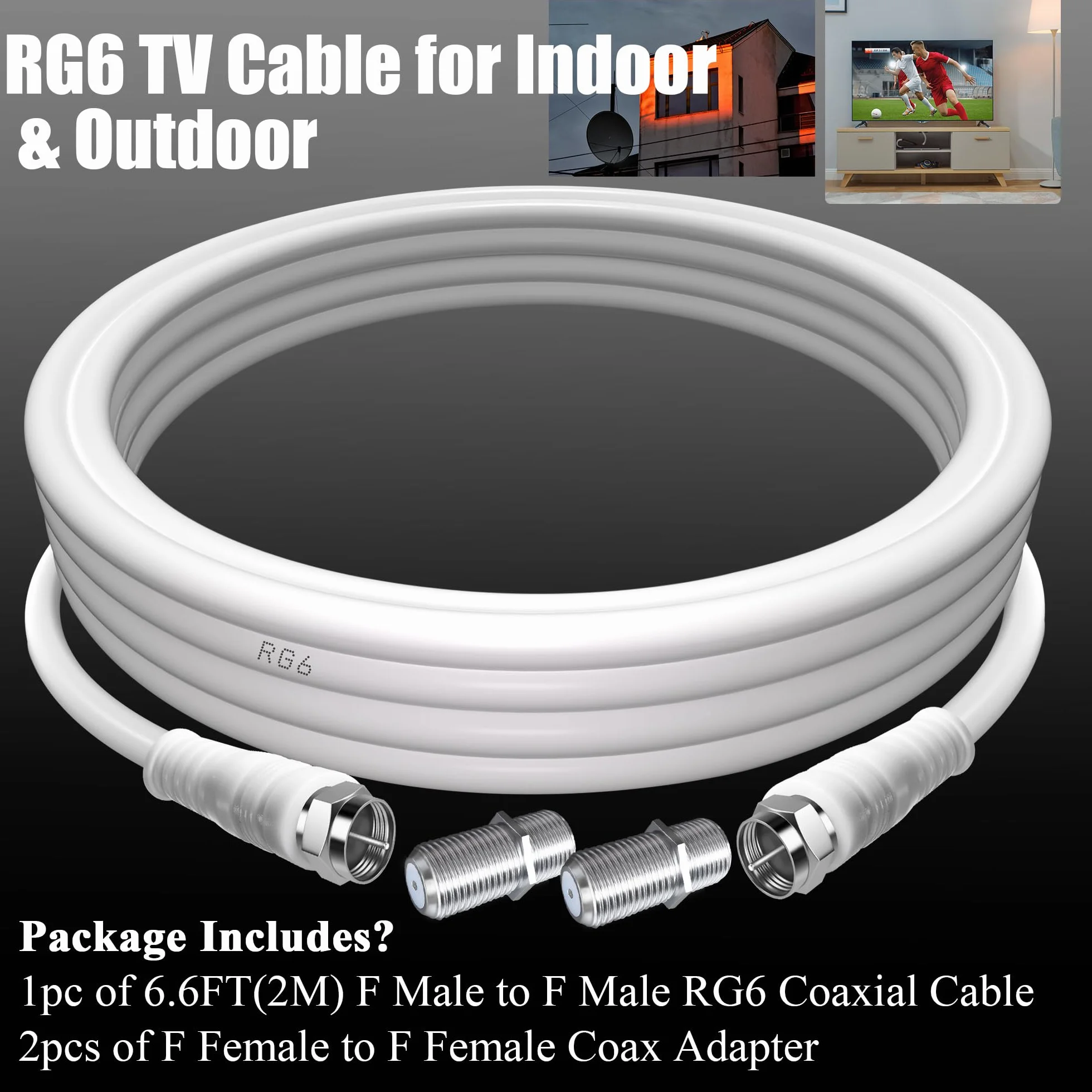 TUOLNK RG6 Câble d'antenne TV F mâle RG6 câble coaxial avec connecteur F femelle 75 Ohm, pour décodeur câble, TV, satellite, 6,6 pieds (2 M)