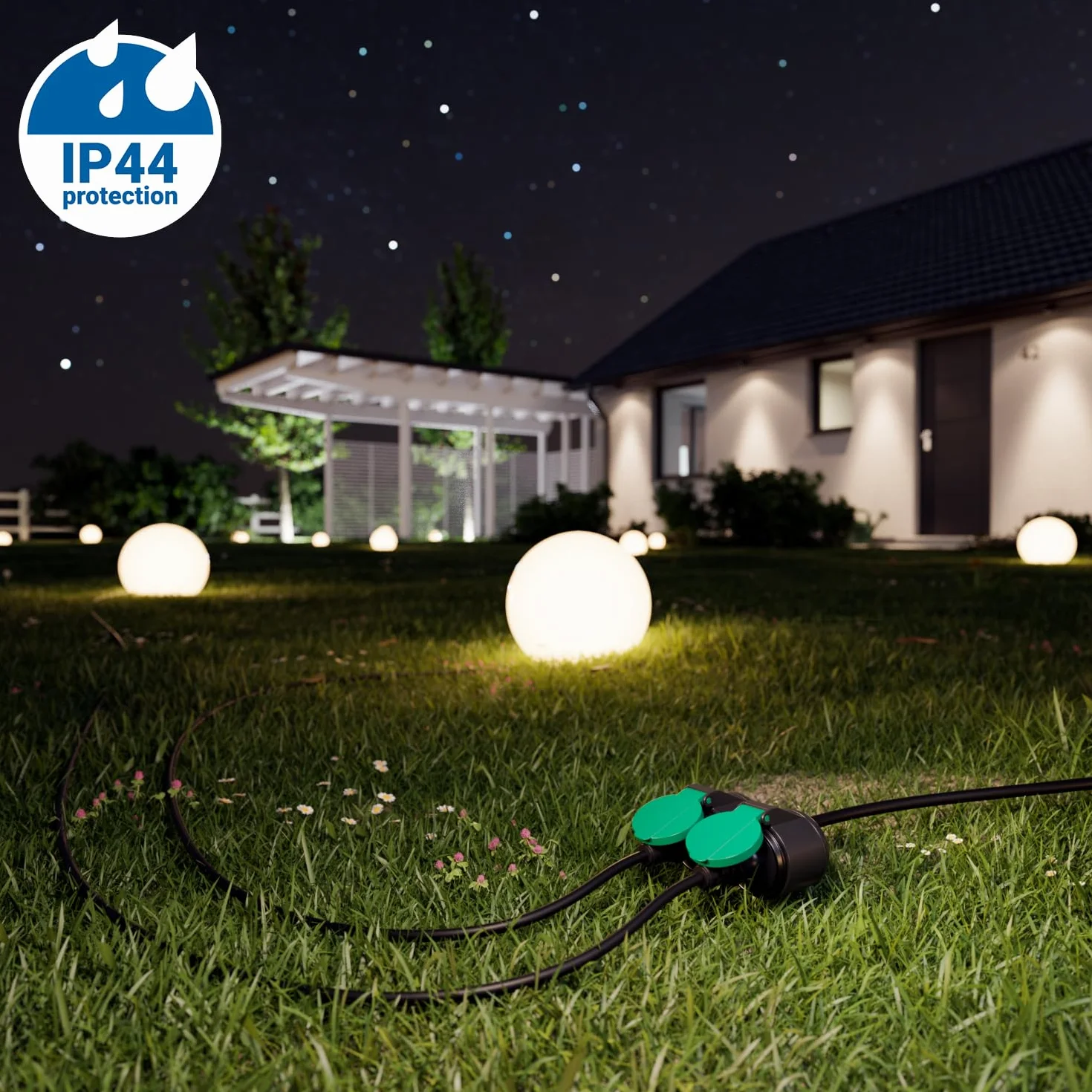 deleyCON 2m Câble Rallonge Extérieur Électrique IP44 (H07RN-F 3G1.5mm²) Câble D’Alimentation en Caoutchouc Résistant aux Intempéries - Fiche avec Contact de Protection vers 2 Prises - Noir