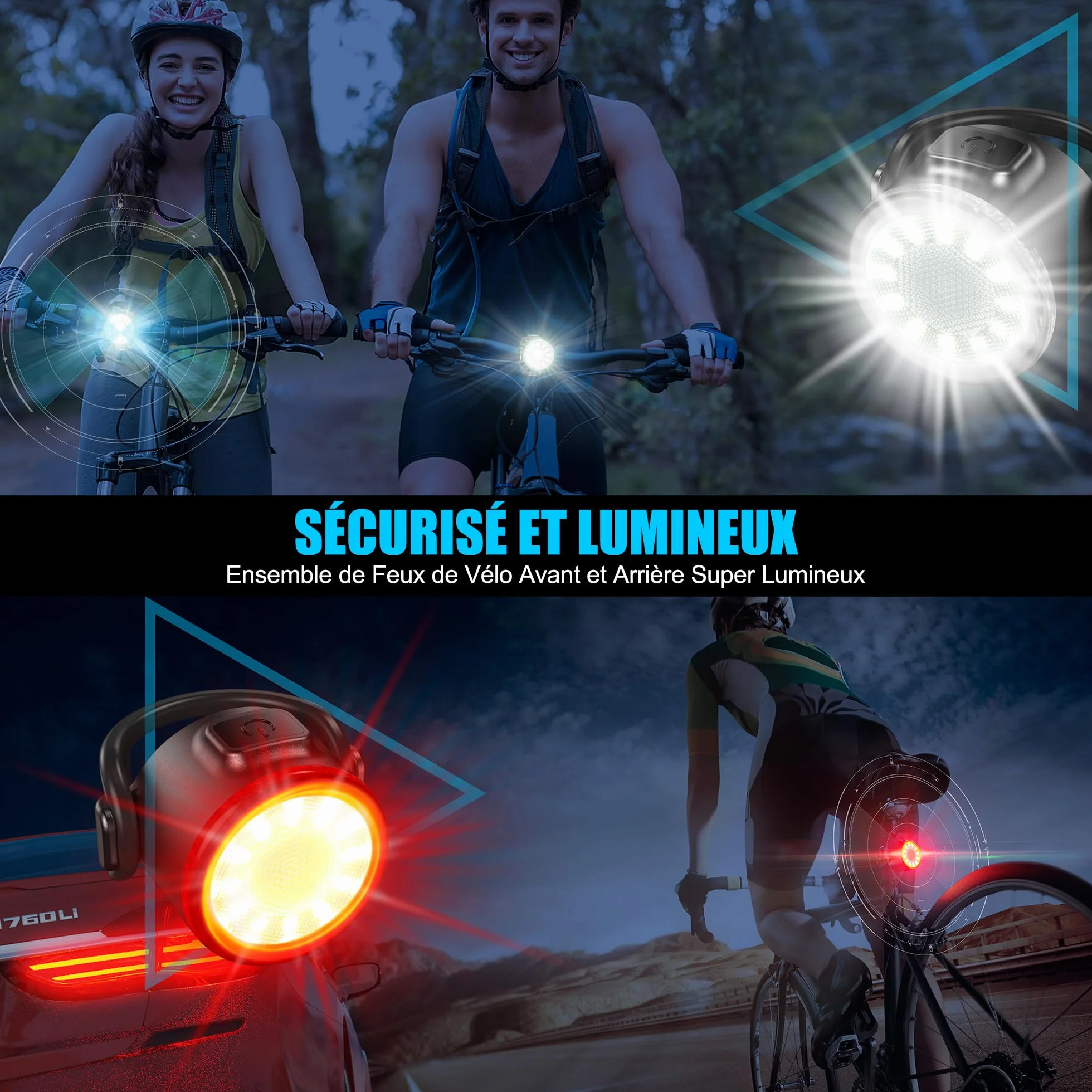 Lumiere Velo USB Rechargeable Avant et Arrière Vélo Lumière LED IPX5 6 Modes Eclairage Velo Route Montagne Conduite de Nuit