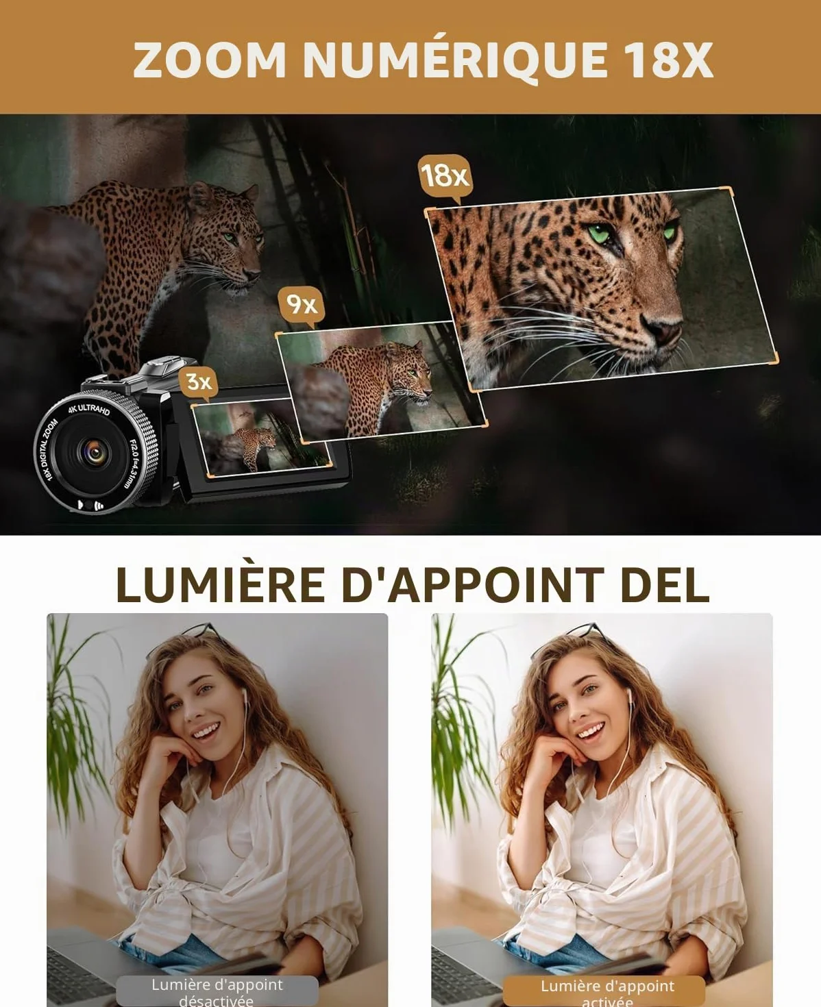 Caméscope 4K 48MP Vision Nocturne IR Zoom Numérique 18X Écran Tactile 3,0 Pouces Rotation 270° Caméra Vlogging avec Télécommande Mic Carte 32 Go 2 Piles