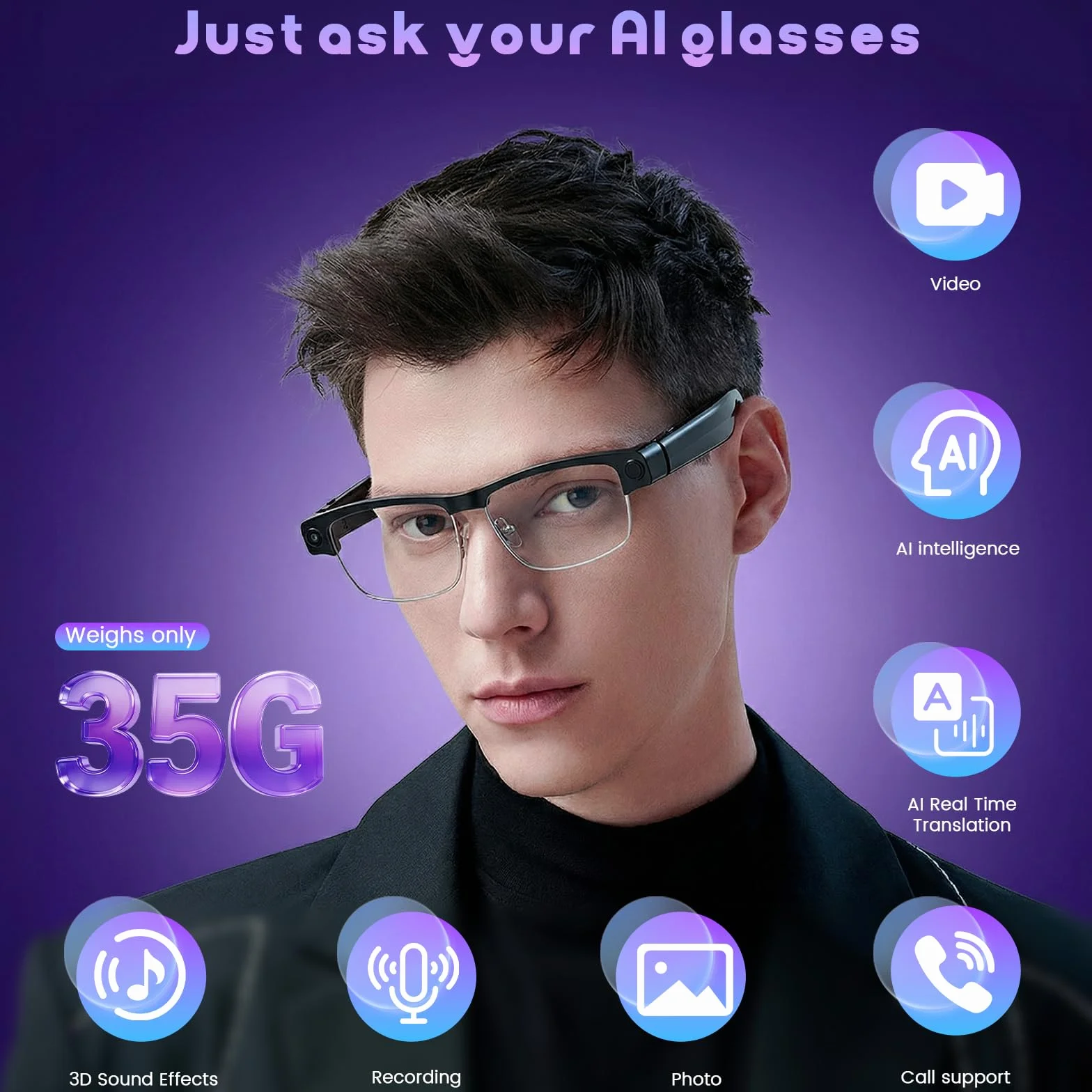 Lunettes AI avec appareil photo, filtre à lumière bleue, résolution HD 1200p, Bluetooth, traduction vocale, lunettes de ki avec appareil photo, enregistrement vidéo, lecture de musique, détection