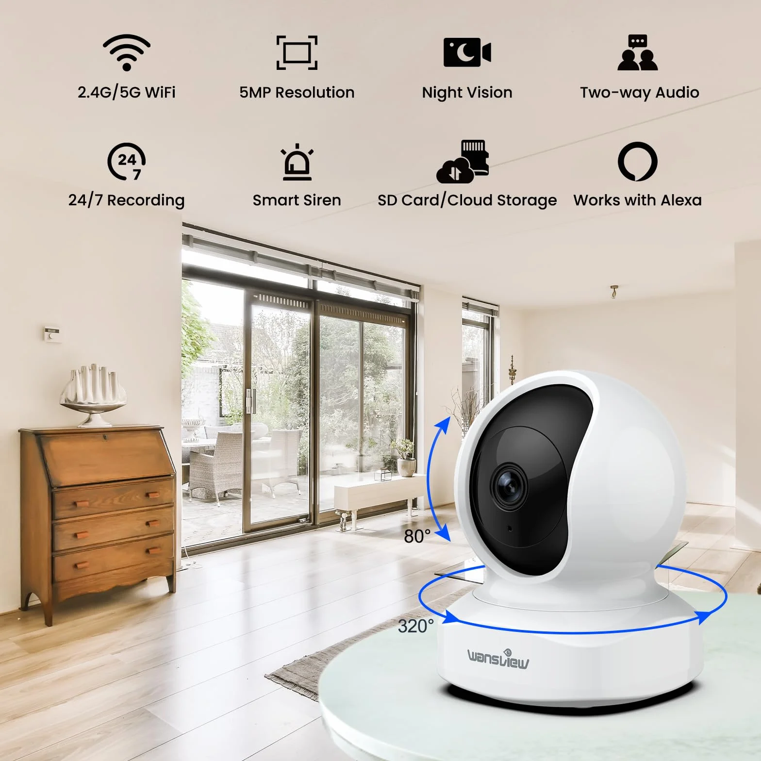 wansview 3K 5MP Camera Interieur - 2.4G/5G Double Bande WiFi Camera Surveillance, Suivi Intelligent 360 degrés, Détection Humaine IA pour Bebe/Chat/Chien connectée Smartphone, Audio Bidirectionnel
