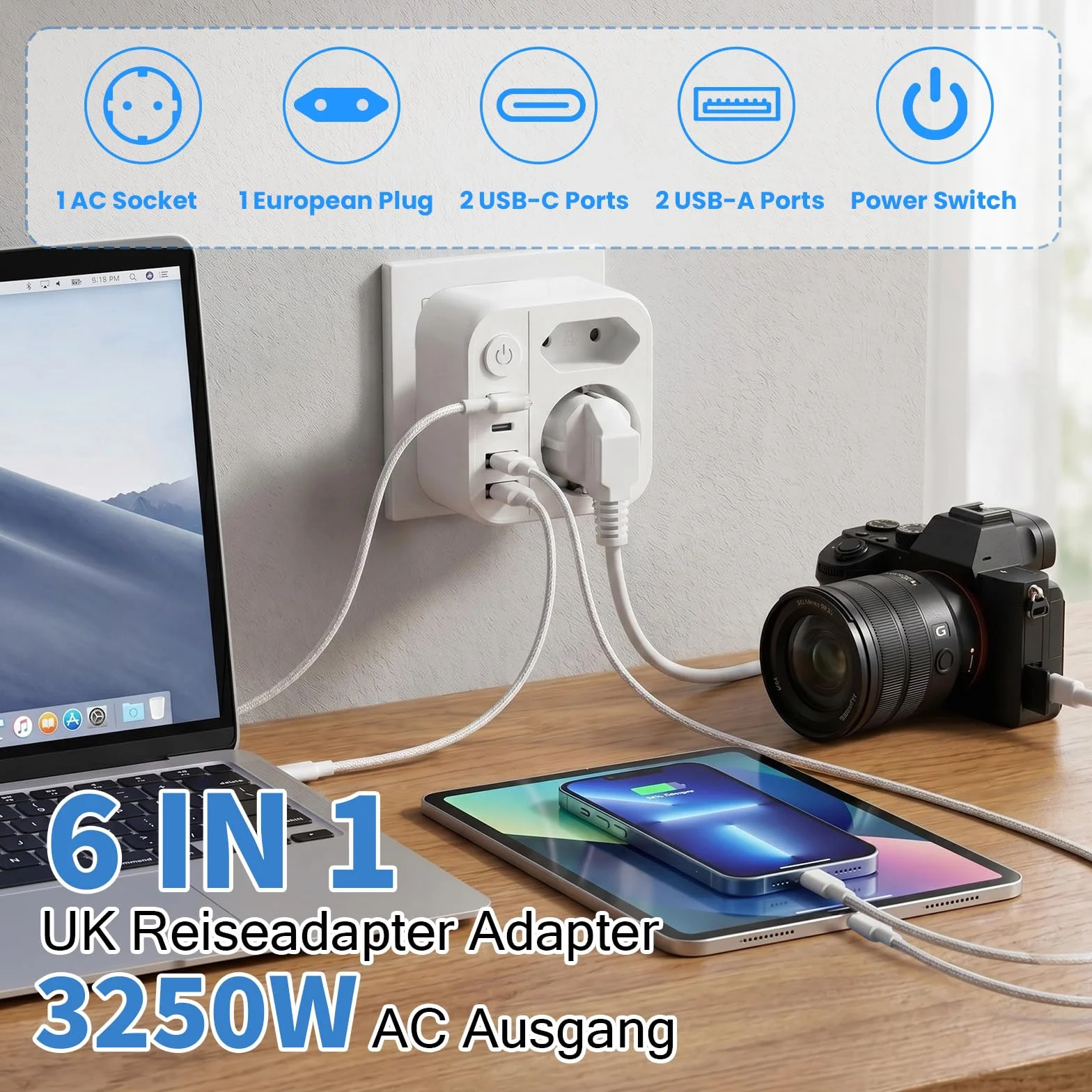 6 en 1 Adaptateur Prise Anglaise UK,3250W Adaptateur de Voyage UK avec 2 Prises,2 USB,2 Type-C,Adaptateur Type G pour Irlande Dubaï Malaisie Maldives Angleterre