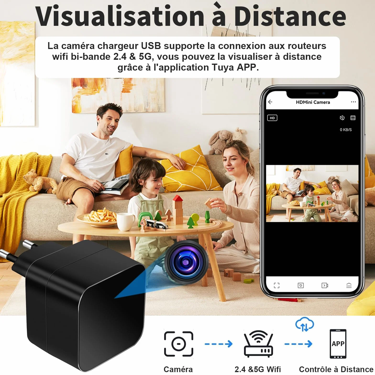 LXMIMI Caméra Cachée WiFi 5G, Caméra Espion Chargeur USB, Mini Caméras Espion Cachée HD 1080P avec Détection de Mouvement et Enregistrement en Boucle pour Visionnage à Distance Via l'application