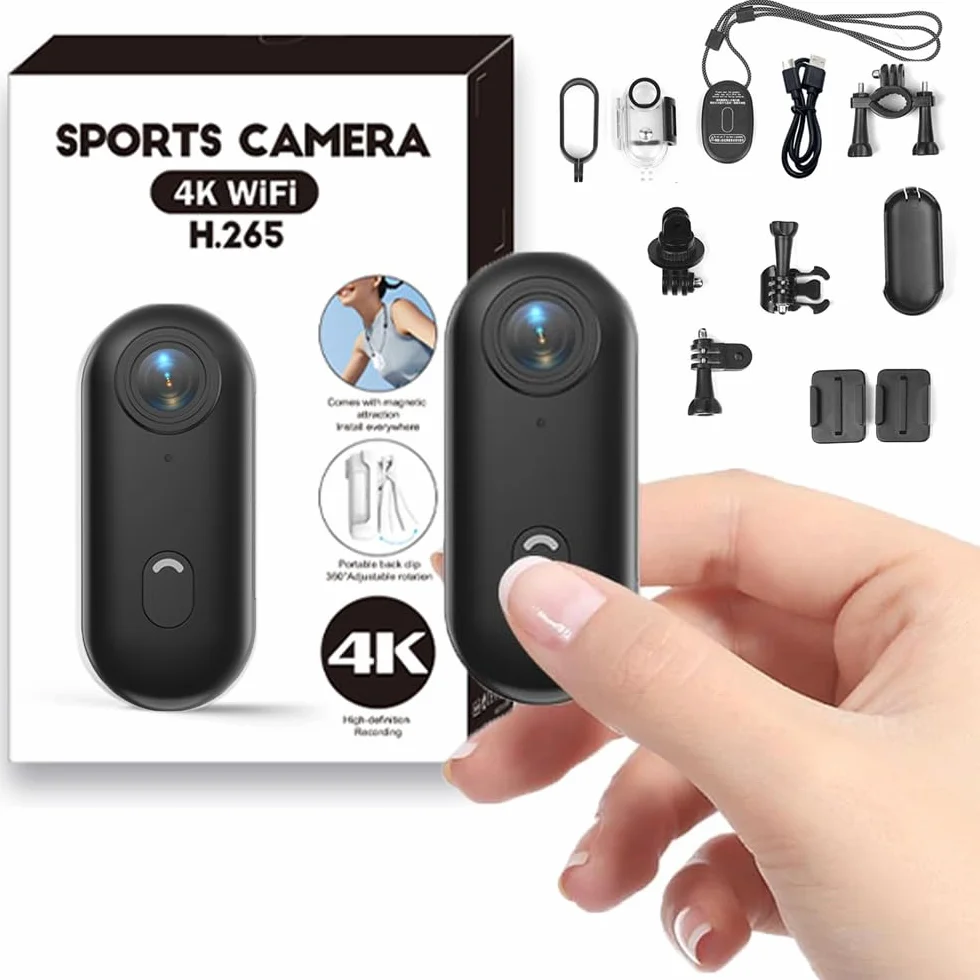 Mini Caméra Vlog Sport 4K, Caméra Sport 360° avec Clip Rotatif, Enregistrement Pendant Charge, Clip Magnétique, Action Caméra Casque Moto