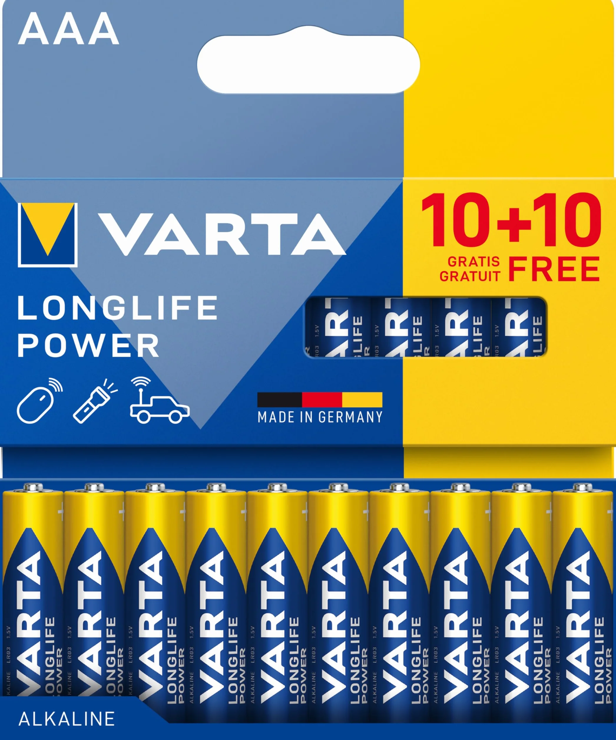 VARTA Piles AAA Longlife Power Alcalines 1,5V Lot de 20 Emballage Recyclé Made in Germany
